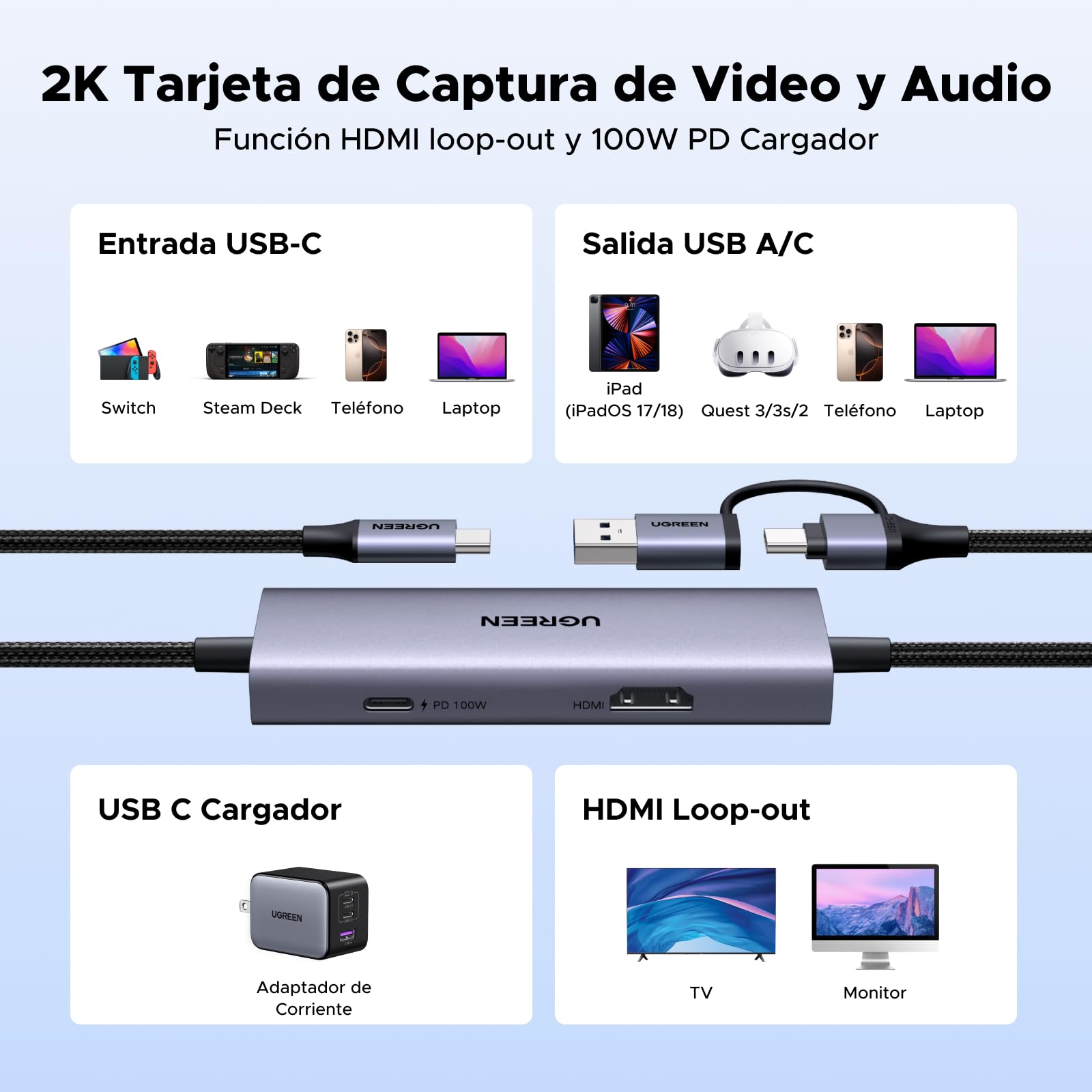 UGREEN Tarjeta de Adquisición de Vídeo USB C 4K 30Hz Entrada USB C A 3.1 2K 60Hz Grabación y Streaming Capturadora Video HDMI y Boucle Compatible con Switch PS5 4 Xbox MacBook iPad Air Quest 3 Cámara