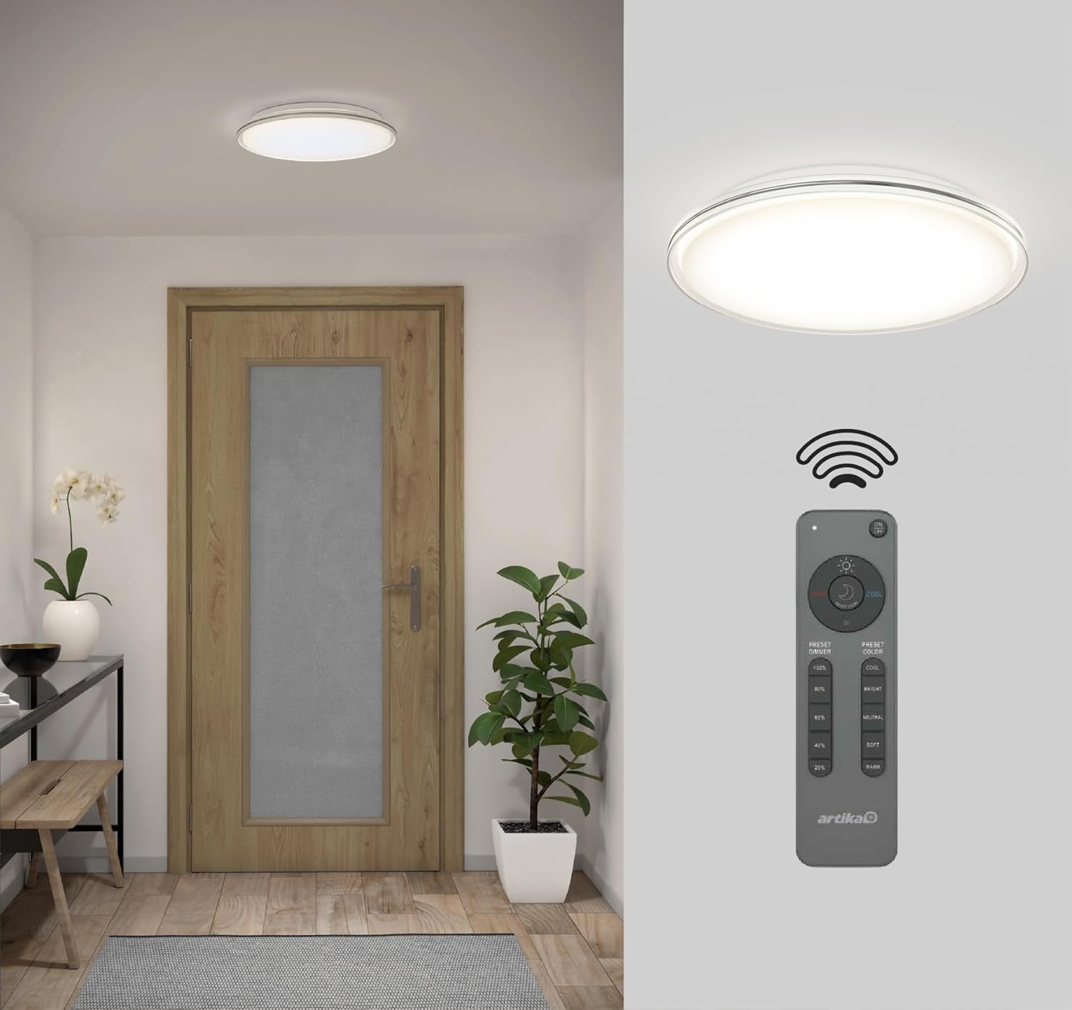 Artika Astrid 30W 16 Inches Integrated LED Flush Mount Ceiling Light with Remote Control, Ideal for Bedroom, Living Room, Kitchen - 2100 Lumens, 2700-5000 Kelvin, Silver