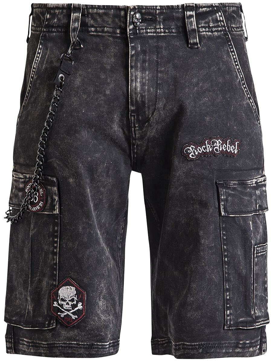 Rock Rebel by EMP Herren graue Jeans-Shorts mit Patches und Ketten