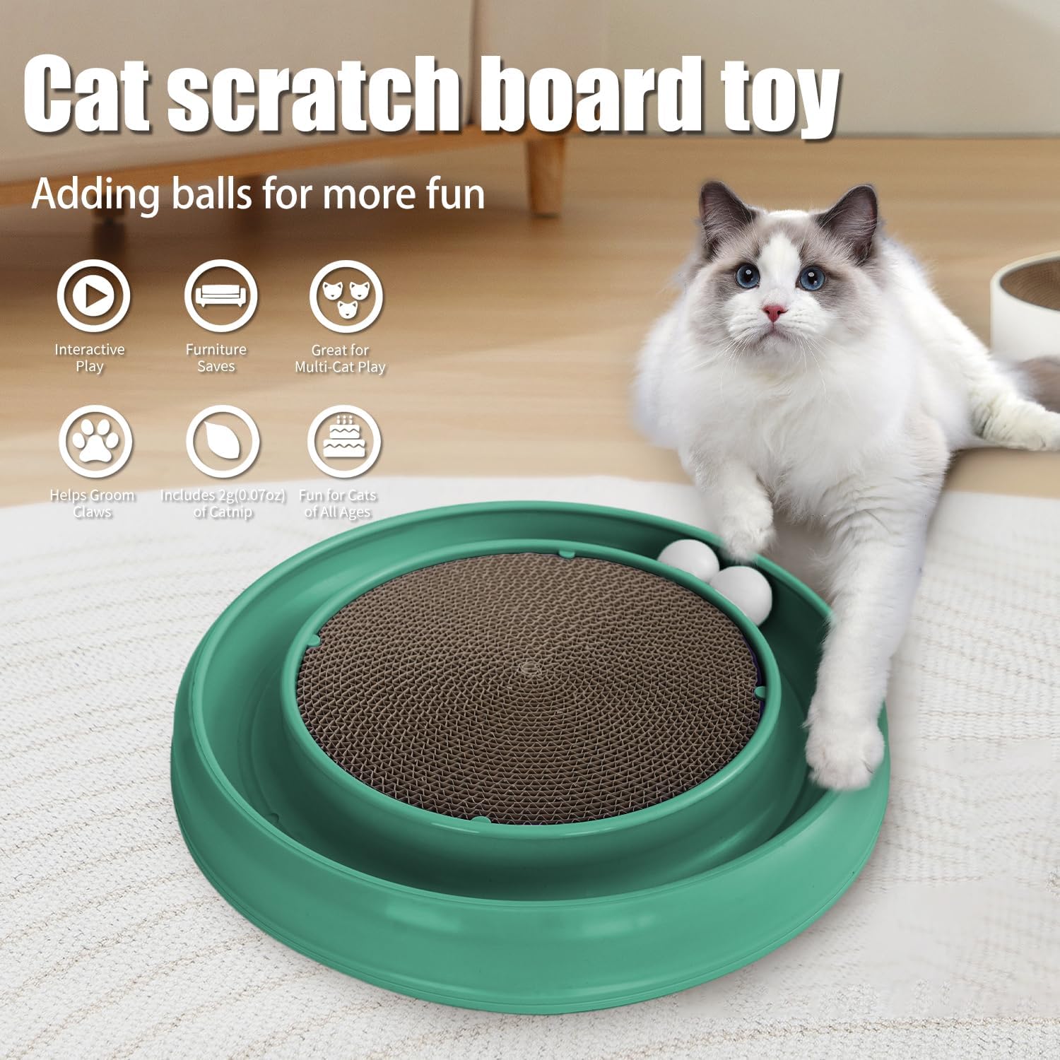 review Round Cat Scratcher Pads with Two Cat Scratching Ball,Cat Toys,Scratch Pad with Interactive Spinning Ball for Active Play Kitten Interactive Toy with Ball Track Ball Chasing for Indoor (Green)