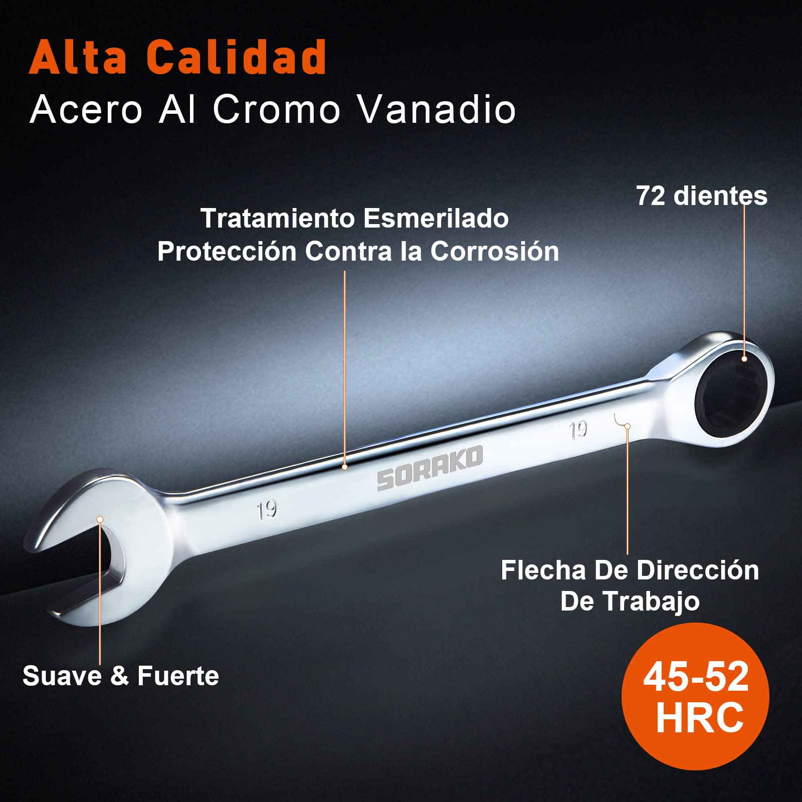 SORAKO Llaves Fijas 12Pcs, Llaves Fijas con Carraca 8-19mm con Bolsa de Almacenamiento, Juego de llaves, llaves Combinadas, Engranaje de Trinquete de 72 Dientes