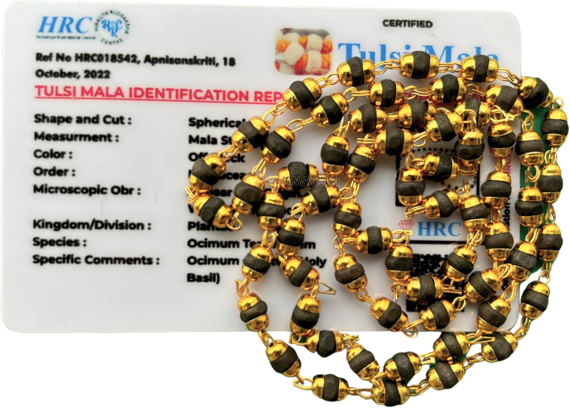 Apnisanskriti Black Tulsi Beads Mala in Golden Self Design Caps (63 beads, 3mm each, Lab Certified) - Tulsi - pack of 1 (Golden, Black Tulsi)