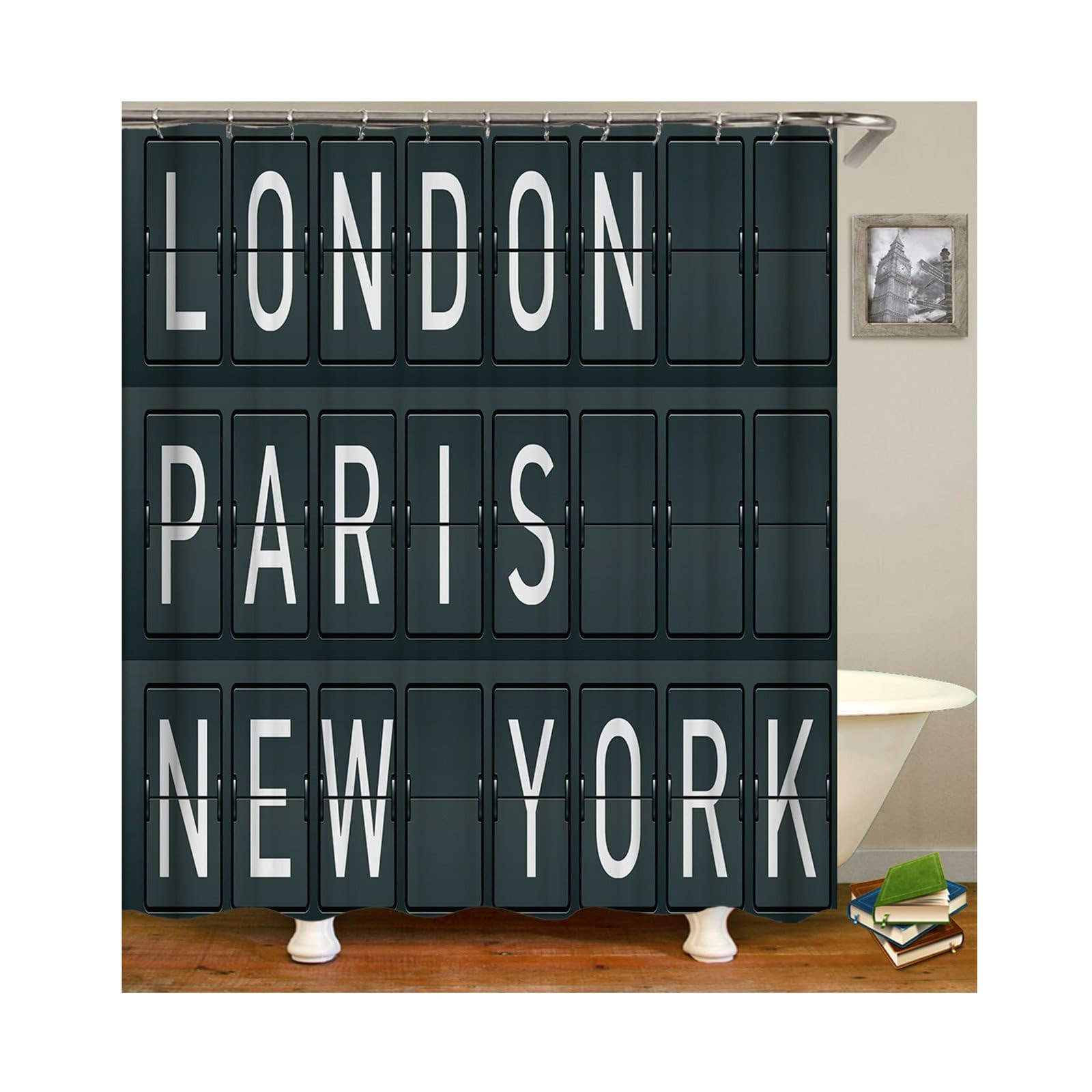 Rideau de douche motif Londres Paris New York pour une salle de bain évasion
