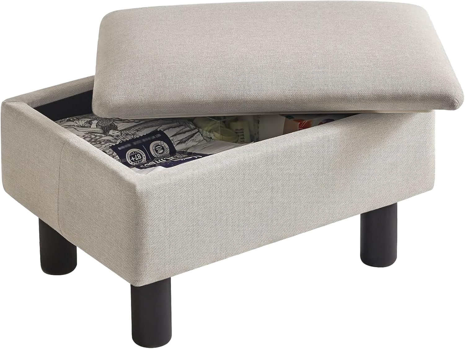 IBUYKE Storage Ottoman Footrest Stool with Linen Fabric, Rectangular, Flip Top Lid, Non-Slip Feet, Compact Design, Stylish and Functional, Linen RF-BD223