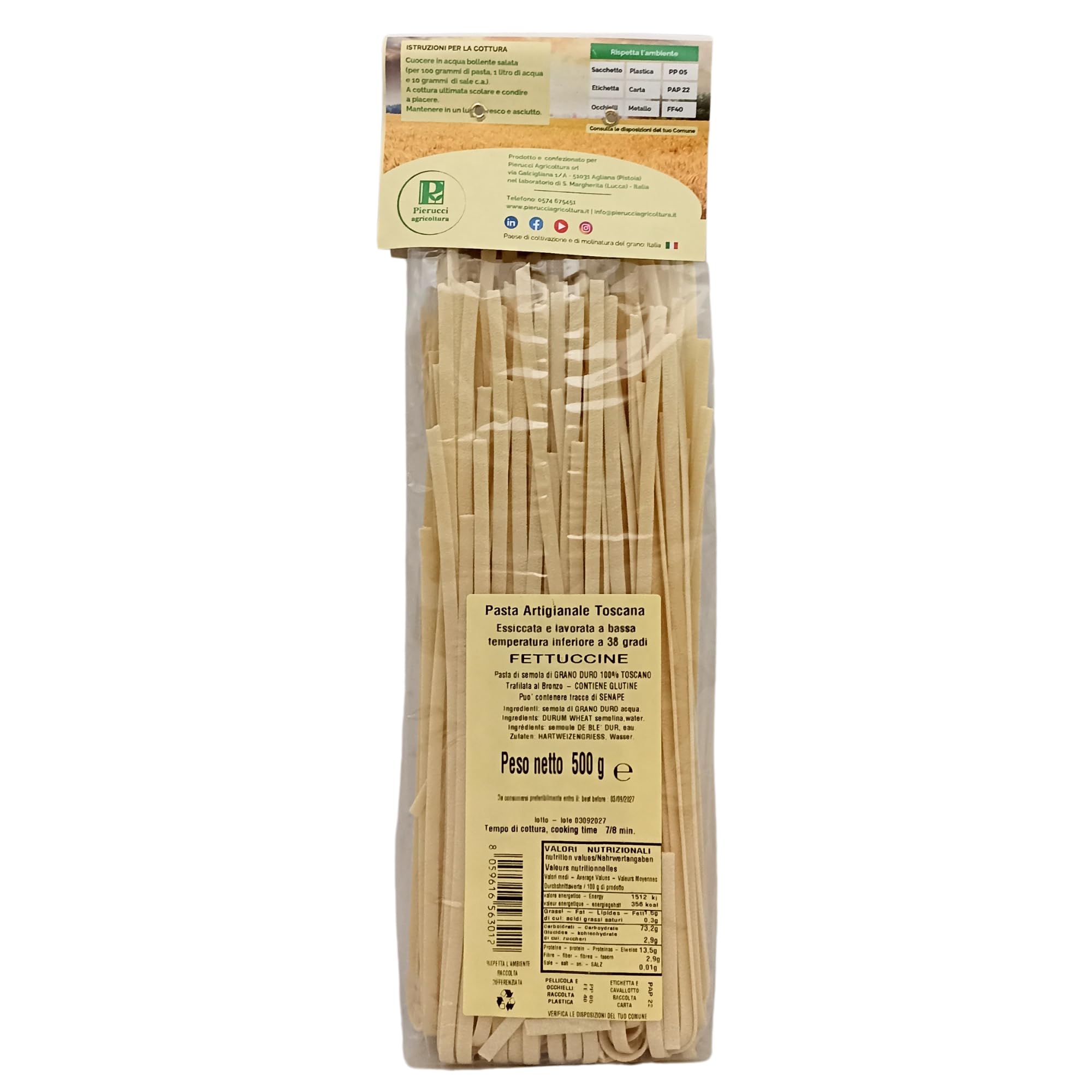 Pag Fettuccine - Pasta artigianale toscana Trafilata al bronzo 100% Grano italiano - 12 confezioni da 500 g