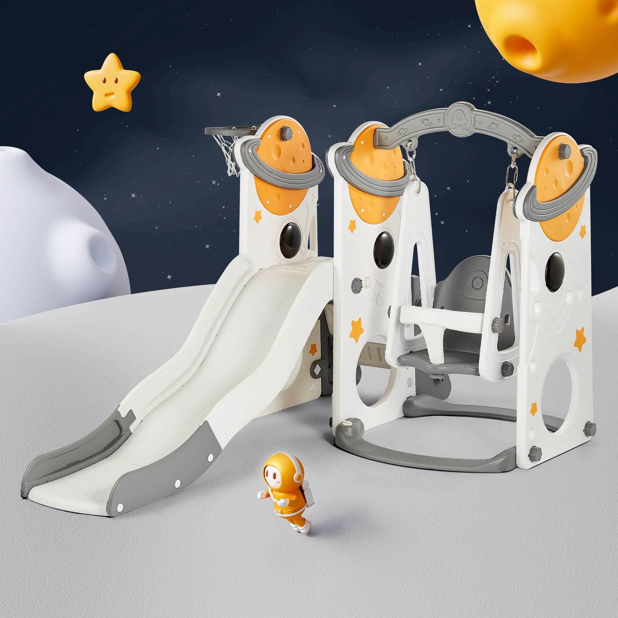 DUKE BABY 4-in-1 Slide and Swing Set: Perfect for 1-6-year-old Toddlers for Indoor/Outdoor Playground with Basketball Hoop, Climber-Space Yellow.