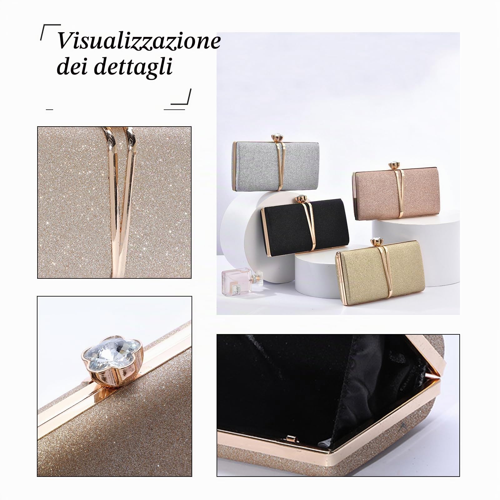 CORIOS Borsetta da Sera Donna Strass Clutch Paillettes Borsa a Spalla Pochette Piccolo con Catena Borsa Scintillante Elegante Borsa a Tracolla per Cocktail Festa Cerimonia Ballo Oro