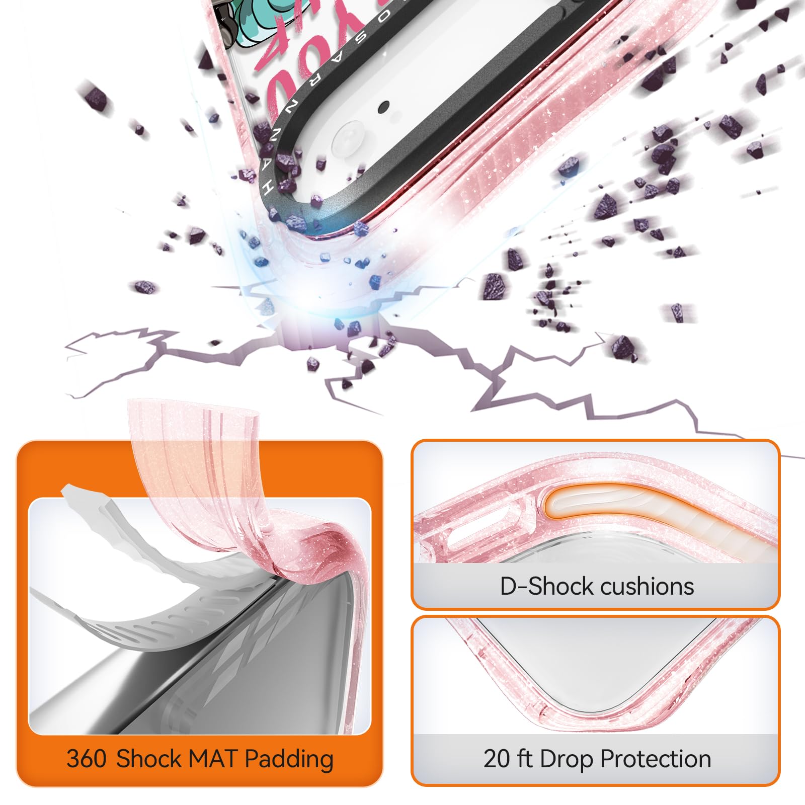 Rosarnnah 17GPR - Bonita funda compatible con iPhone Air, protección contra caídas de grado militar de 20 pies, a prueba de golpes, diseño de esqueleto divertido rosa con purpurina para iPhone Air