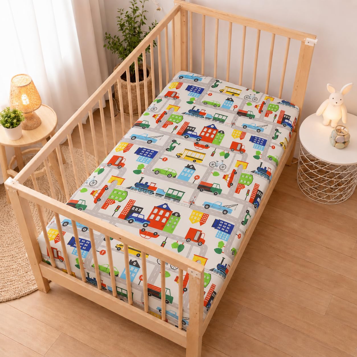 Fitted Cot Crib Sheet | Bed Sheets for Newborn Baby Crib Mattress | Deep Pocket All Round Elastic Fitted Crib Sheet for Baby| Size 132 cm x 71 cm | Crib Sheets - 28"x52" | City Traffic-image-44