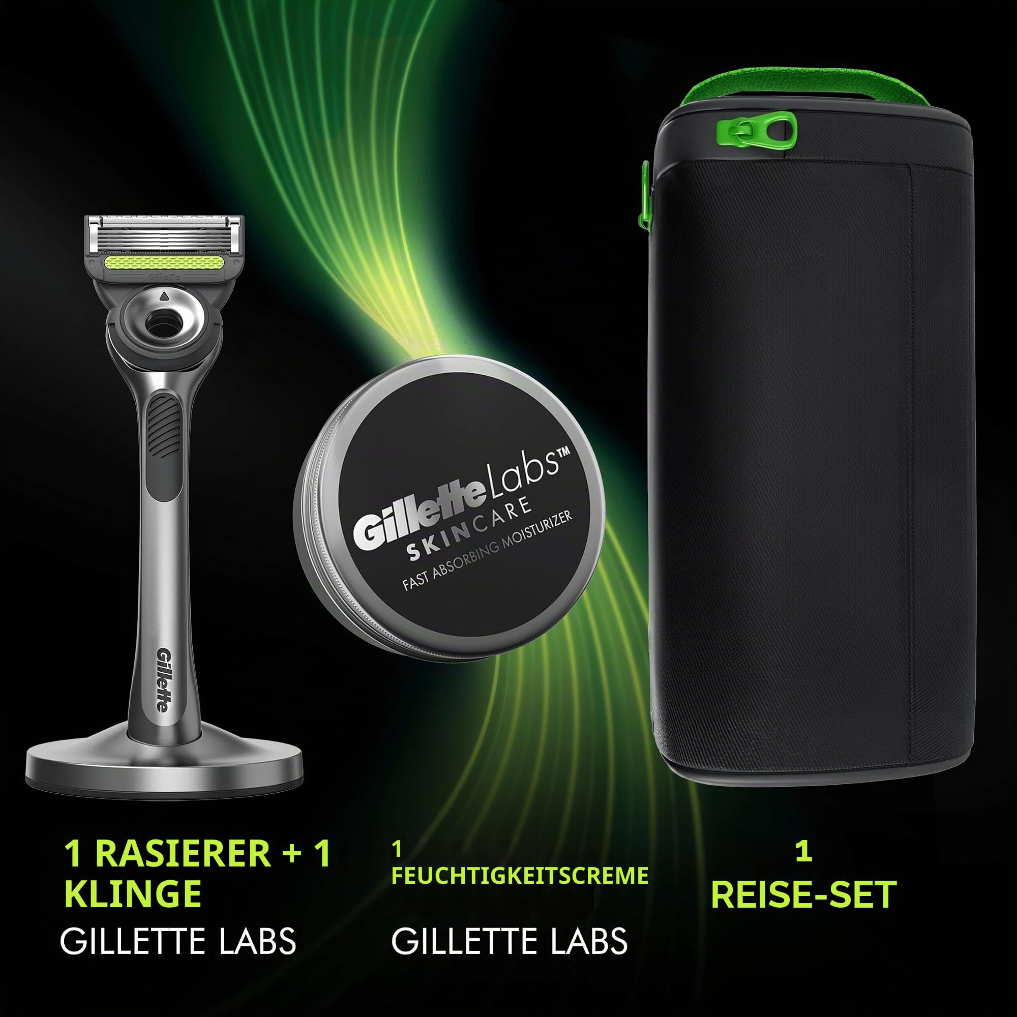 Gillette LABS Herrenrasierer, mit 1 Gillette LABS Klingen mit integriertem Stab, Magnetbasis, Feuchtigkeitscreme für Gesicht und Bart, Reiseetui, Grau, manueller Rasierer, echte Rasierklingen
