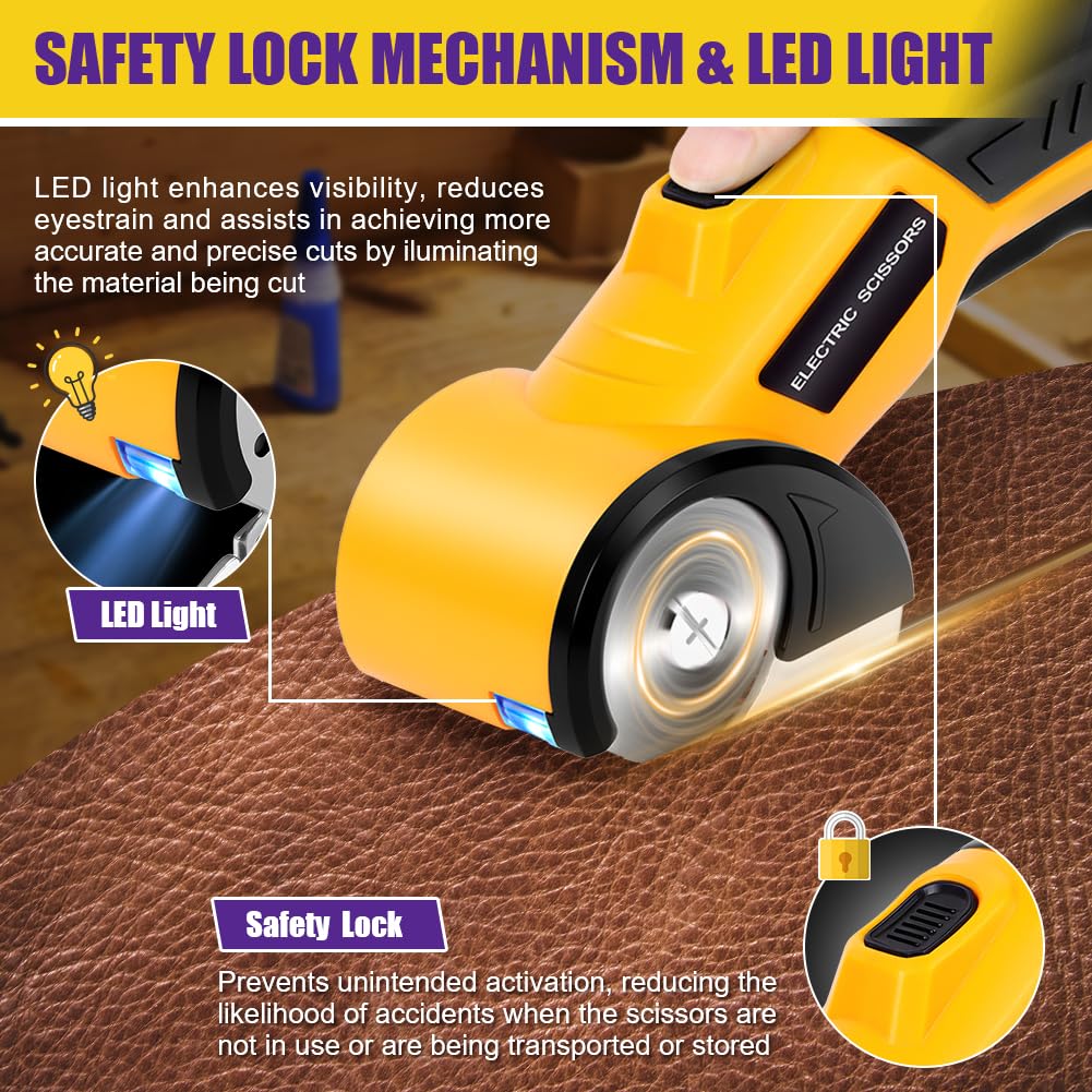HOTUT Tijeras Eléctricas Sin Cable, Cúter Circular, Mini Cutter Eléctrico, Recargable Con Diseño De Corte Rotativo, Carga USB, Gatillo Extralargo, Luz LED,Cortador Alfombras Y Cartón