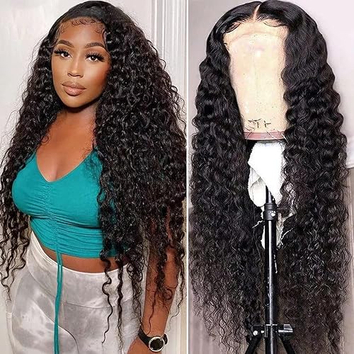 FIRIEYA Deep Wave Lace Front Wigs Human Hair 4X4 HD Transparent Lace Closure Human Hair Wigs for Black Women Pre Plucked with Baby Hair 180% Density Natural Color (32 Inch)