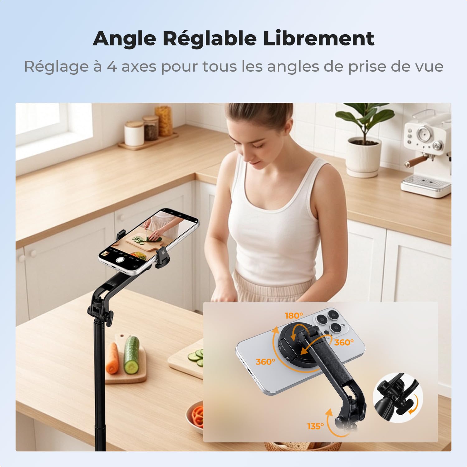 K&F CONCEPT 180cm 3 en 1 Trépied Téléphone Selfie Stick iPhone Noir