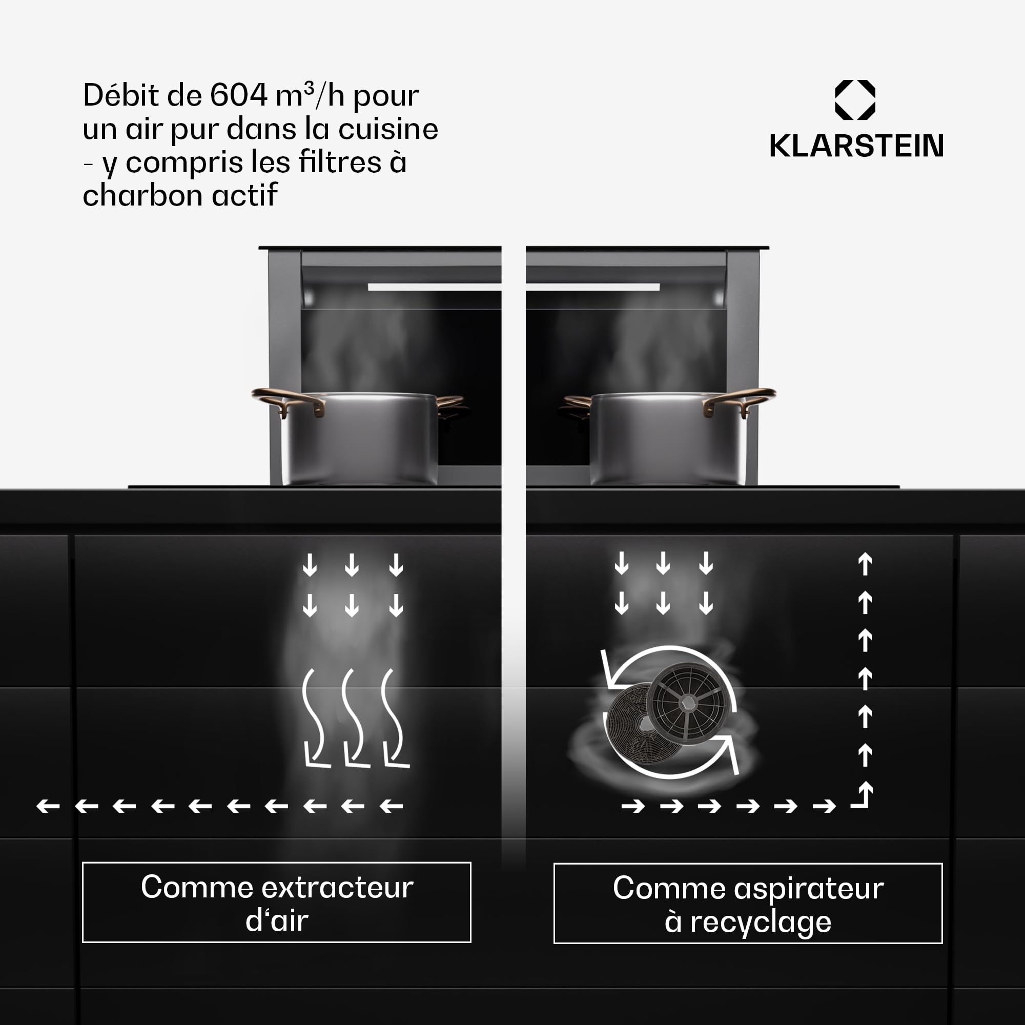 Hotte aspiration descendante Klarstein 60 cm, hotte aspirante escamotable évacuation/air recyclé pour la cuisine, aspirante silencieuse sans tuyau, débit d'air 713