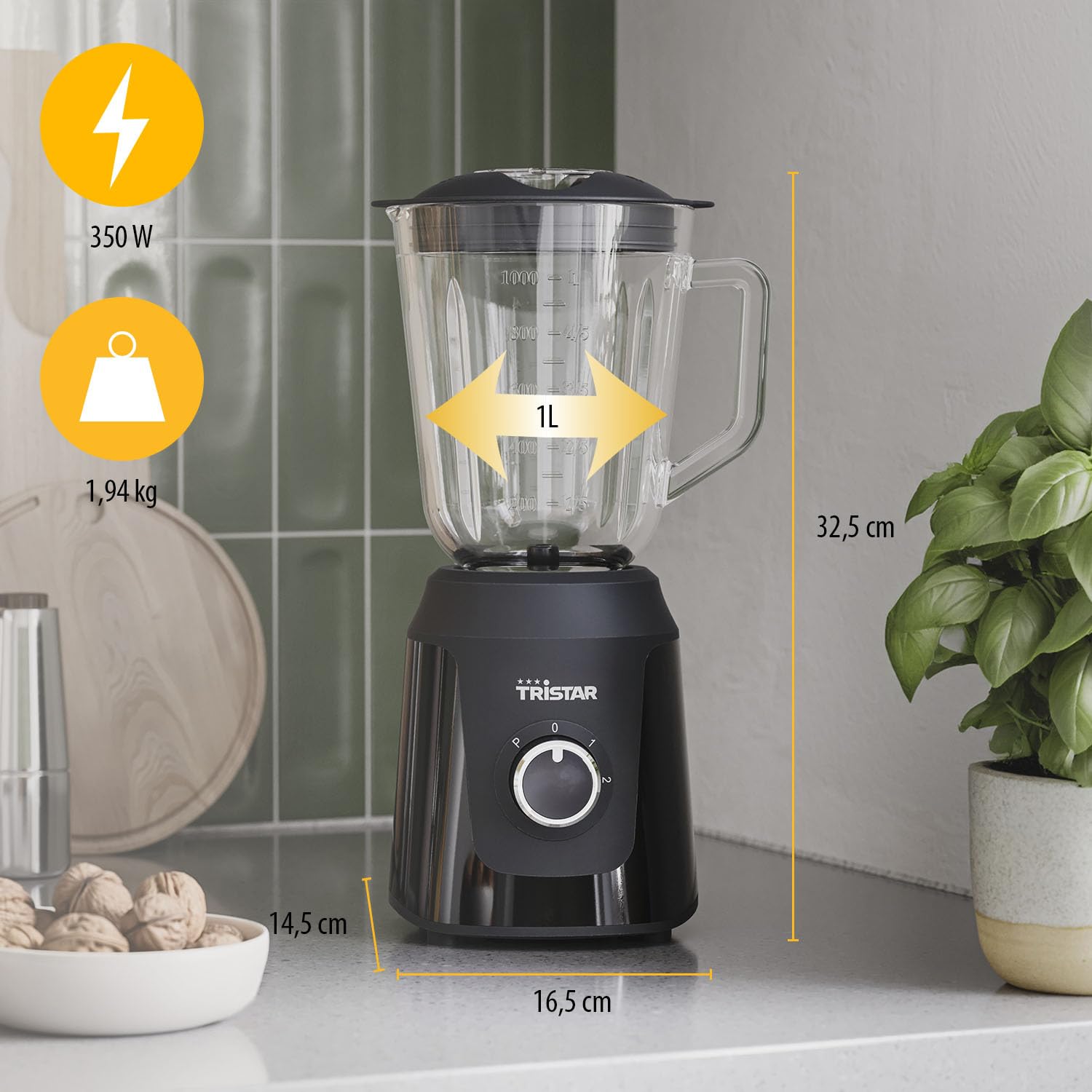 Tristar Batidora, jarra batidora de cristal de 1 litro, 2 velocidades, función pulso para picar hielo, piezas aptas para lavavajillas, negra, 350 W, Smoothie Maker BL-4482