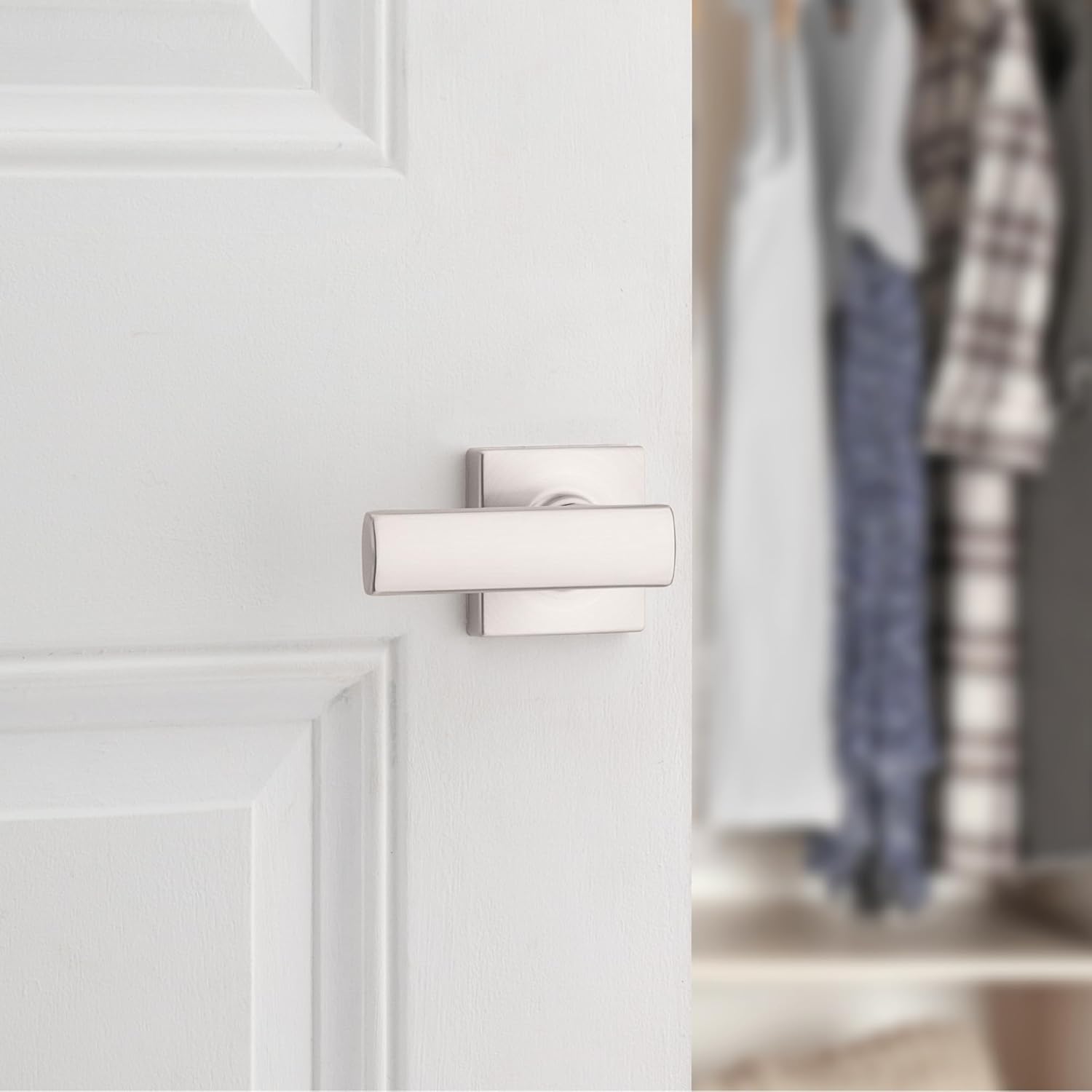 Kwikset Breton Interior Passage Door Handle, Lever For Closet and Hallway Doors, Reversible Non-Locking Handle Lever, Satin Nickel , with Microban Protection