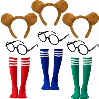 Chipmunk Costume Set, 3 Ears Headbands, 3 Round Frame Glasses, 3 Pairs Knee-High Socks, for Adult Halloween Cosplay