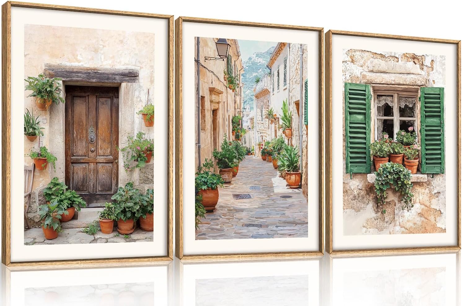 Large Vintage Italy Cityscape Framed Canvas Wall Art,Minimalist Europe Street Art Prints,Natural Green Window Wall Decor,Modern Country Landscape Artwork for Living Room,Dining Room -16"x24"x3 Vintage Italy Street Canvas Wall Art 24"L x 16"W