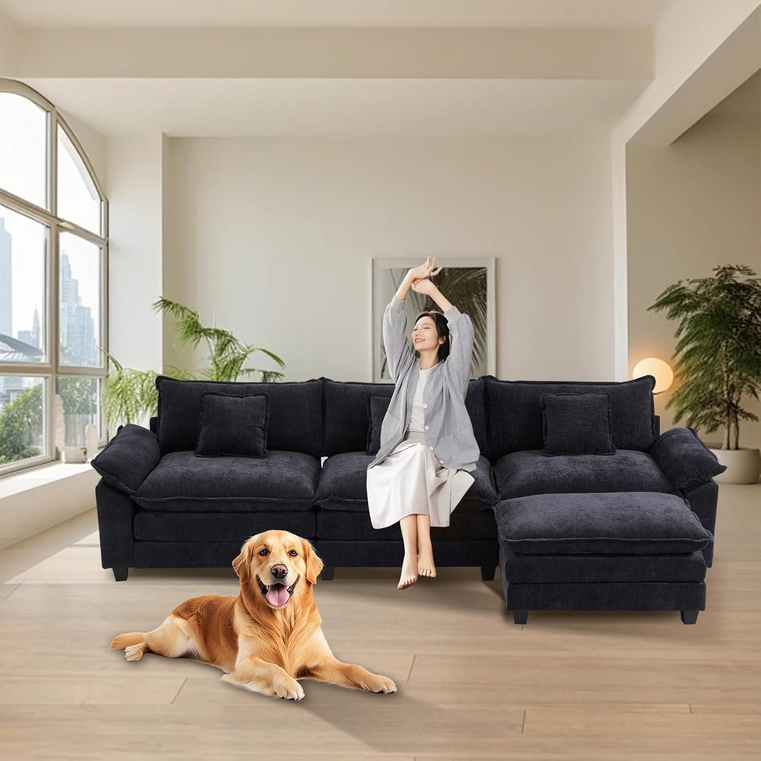 Furniliving 120‘’ L-Shaped Sofa, Luxury Chenille Modular Sectional Couches with Ottoman, Upholstered Deep Seat Sleeper Sofa with Memory Foam and Waist Pillows, Black