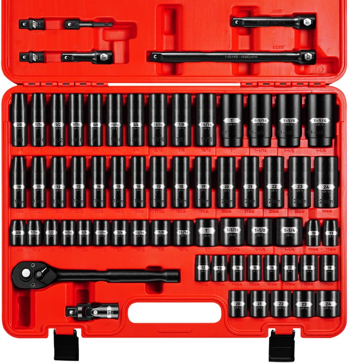 66 PCS 1/2 Inch Drive Impact Socket Set, Standard SAE (3/8"-1-1/4") And Metric (10-24mm) Size, 6 Point Deep & Shallow Sockets，Master Grade Cr-V Steel With Heavy Duty Storage Case
