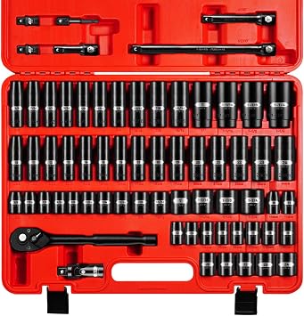 66 PCS 1/2 Inch Drive Impact Socket Set, Standard SAE 3/8"-1-1/4" And Metric 10-24mm Size, 6 Point Deep & Shallow Sockets,Master Grade Cr-V Steel With Heavy Duty Storage Case