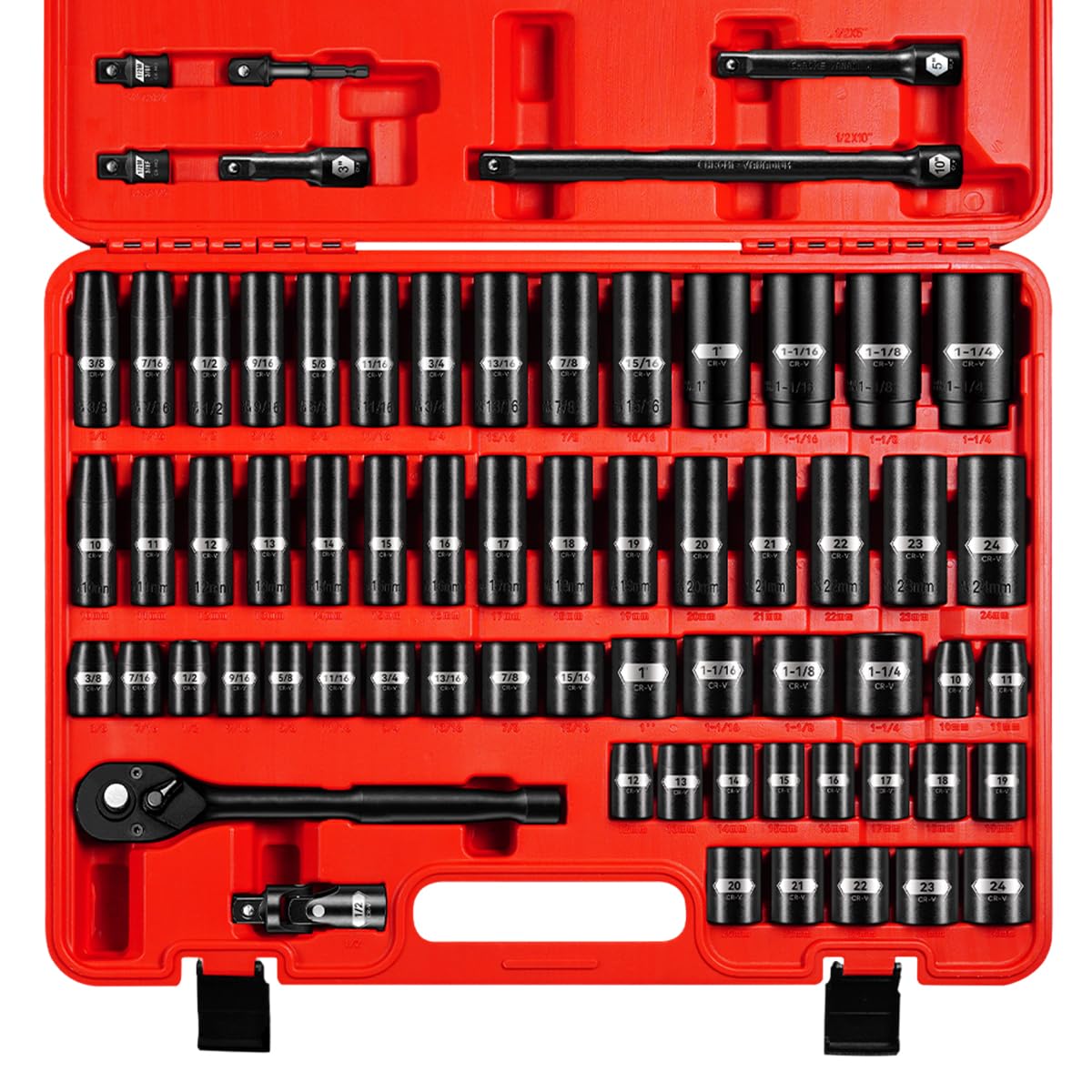 pgroup 66 PCS 1/2 Inch Drive Impact Socket Set, Standard SAE (3/8"-1-1/4") And Metric (10-24mm) Size, 6 Point Deep & Shall...