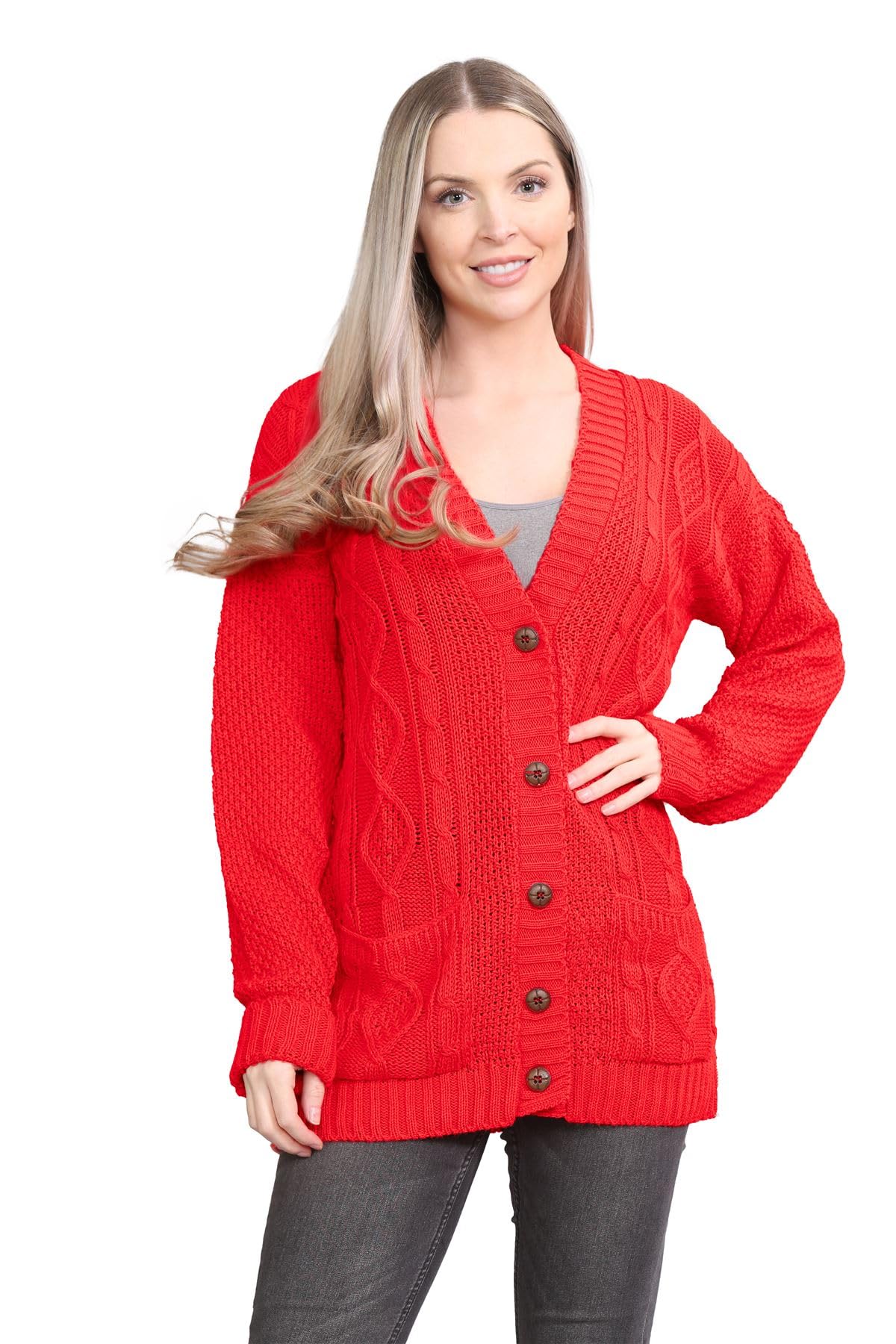 Janisramone Women's Red Janisramone® Long Sleeve Chunky Cardigans For Uk, V Neck Button Up Cable Knit Cardigans, Warm Winter Long Jumpers Top For Casual And Daily Knitwear Cardigan