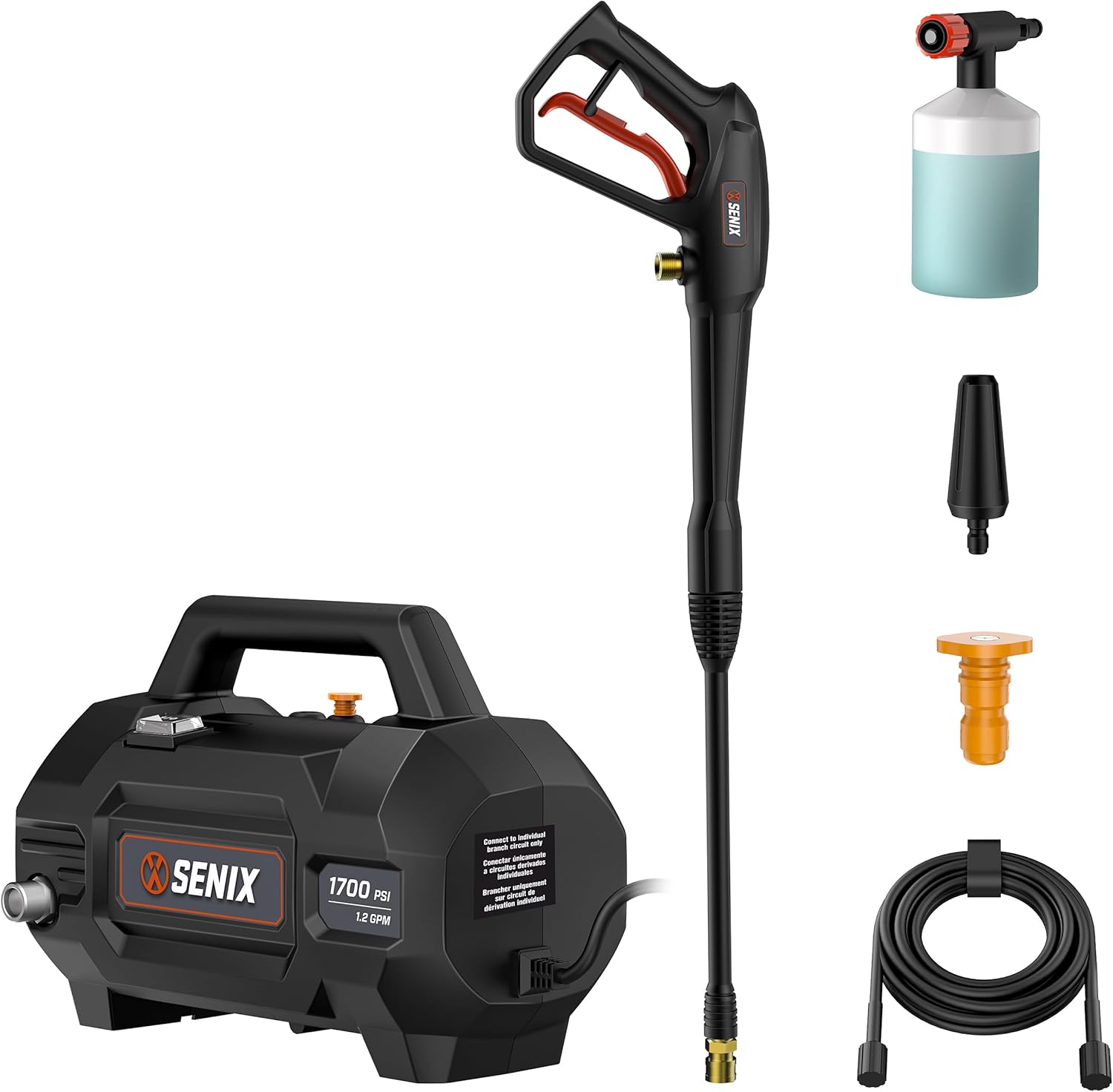 SENIX 13 Amp Electric Pressure Washer - 1700 PSI, 1.2 GPM, Compact with Foam Cannon, Spray Gun, 20-ft Hose, Turbo Nozzle, and 15° Spray Nozzles - Perfect for Cars and Driveways