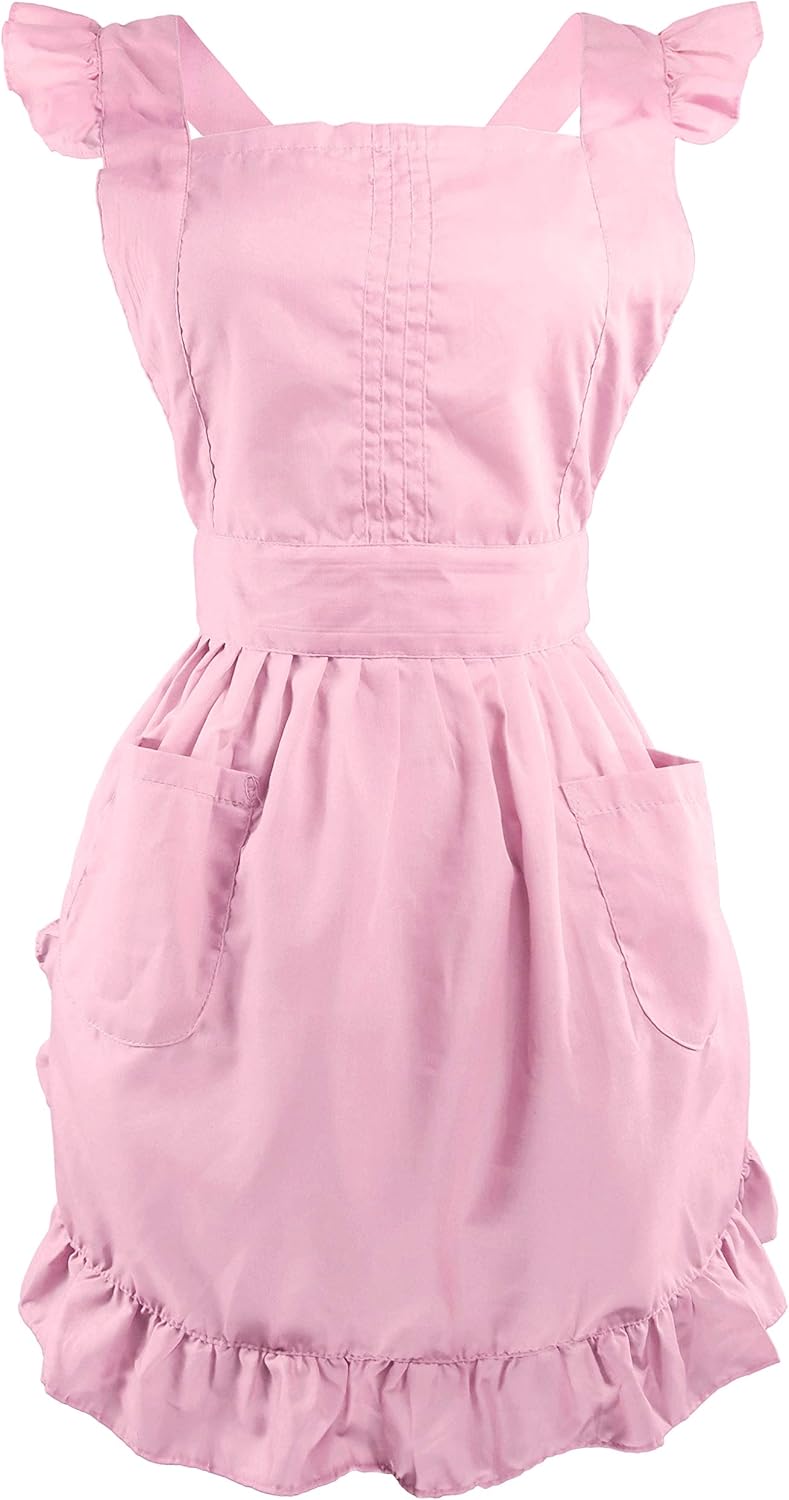 LilMents Retro Adjustable Ruffle Apron with Pockets, Small to Plus Size Ladies (White): Home & Kitchen
