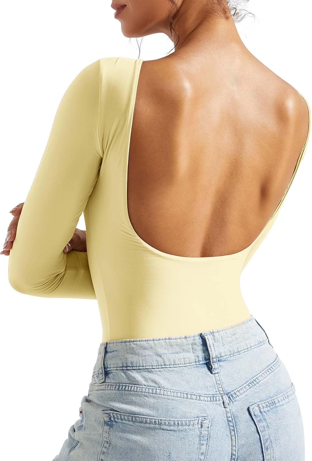 SUUKSESS Women Backless Y2k Long Sleeve Bodysuit Double Lined Open Back Sexy Basic Top