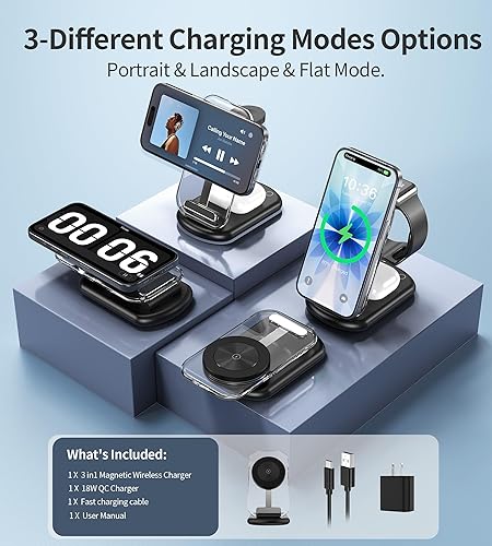 Miniatura 5 de Estación de carga inalámbrica magnética 3 en 1 para dispositivos Apple, soporte de carga plegable rápido y seguro para viajes con luz nocturna para
