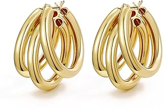Gold Chunky Hoop Earrings For Women Statement Earrings Double Hoop 14K Gold Plated Twist Small Thick Open Hoop Hypoallergenic Lightweight Earrings for Women Dainty Jewelry Gift