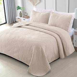 Exclusivo Mezcla Full/Queen Brich Beige Geometric Quilt Set - Lightweight All-Season Microfiber Bedspread with 2 Pillow Shams