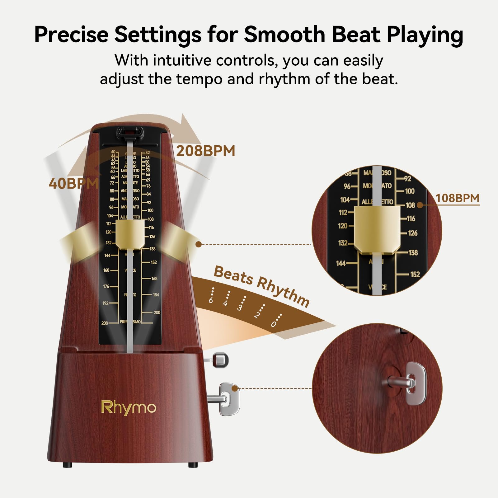 Métronome mécanique pour piano, guitare et batterie, mouvement amélioré, 40-208 BPM avec 4 modes de battement, tempo clair et fort pour débutants et musiciens, design classique à remonter, en bois