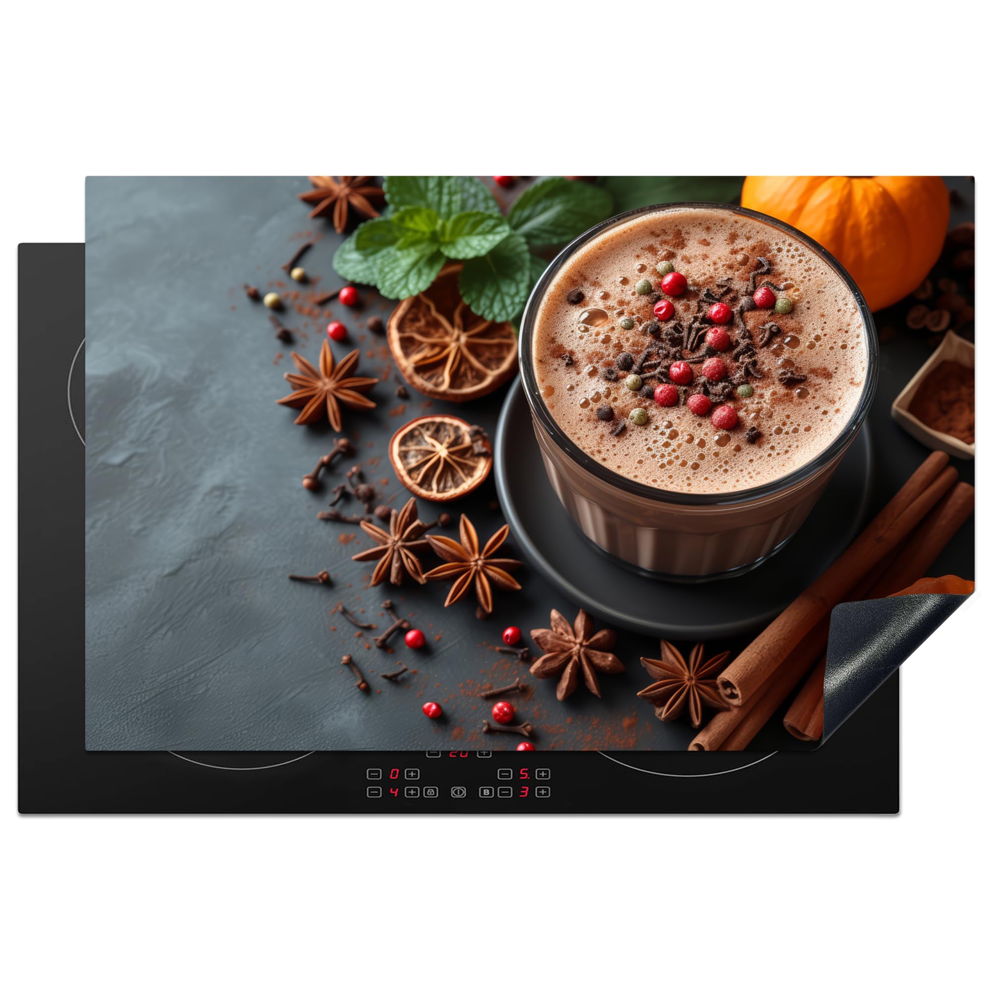 KitchenYeah© Herdabdeckplatte 81.2x52 cm Einteilig Abdeckplatten Cerankochfeld Abdeckung Ceranfeld Herdplattenabdeckung Induktionsmatte Schokoladenmilch - Beton - Kürbis - Gewürz