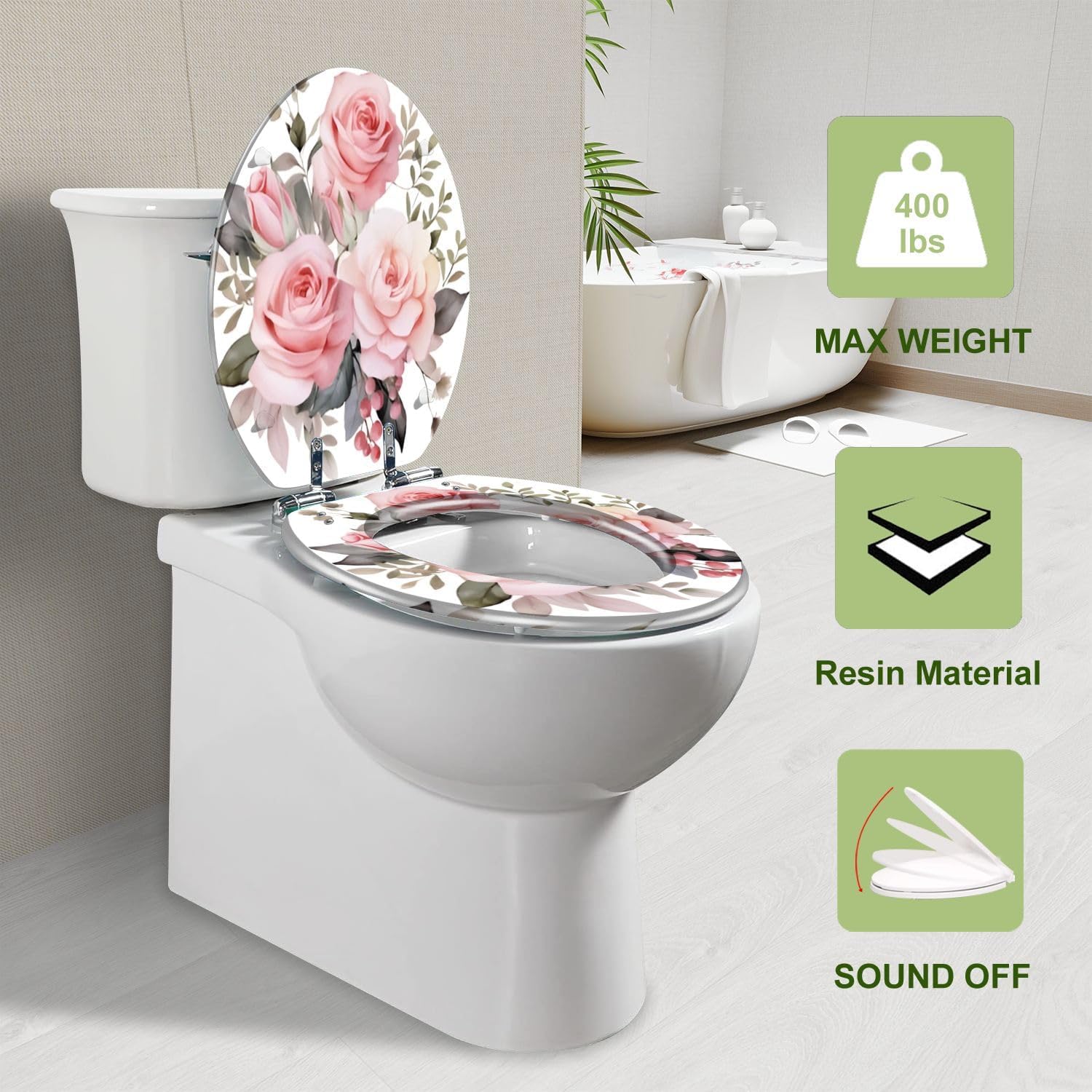 Resin Elongated Toilet Seat with Cover Quiet Close Quick Release Hinges Watercolor Romantic Pink Rose Flowers Arrangement Clipart Illustration Decorative Toilet Seat Easy to Clean Install Home Decor