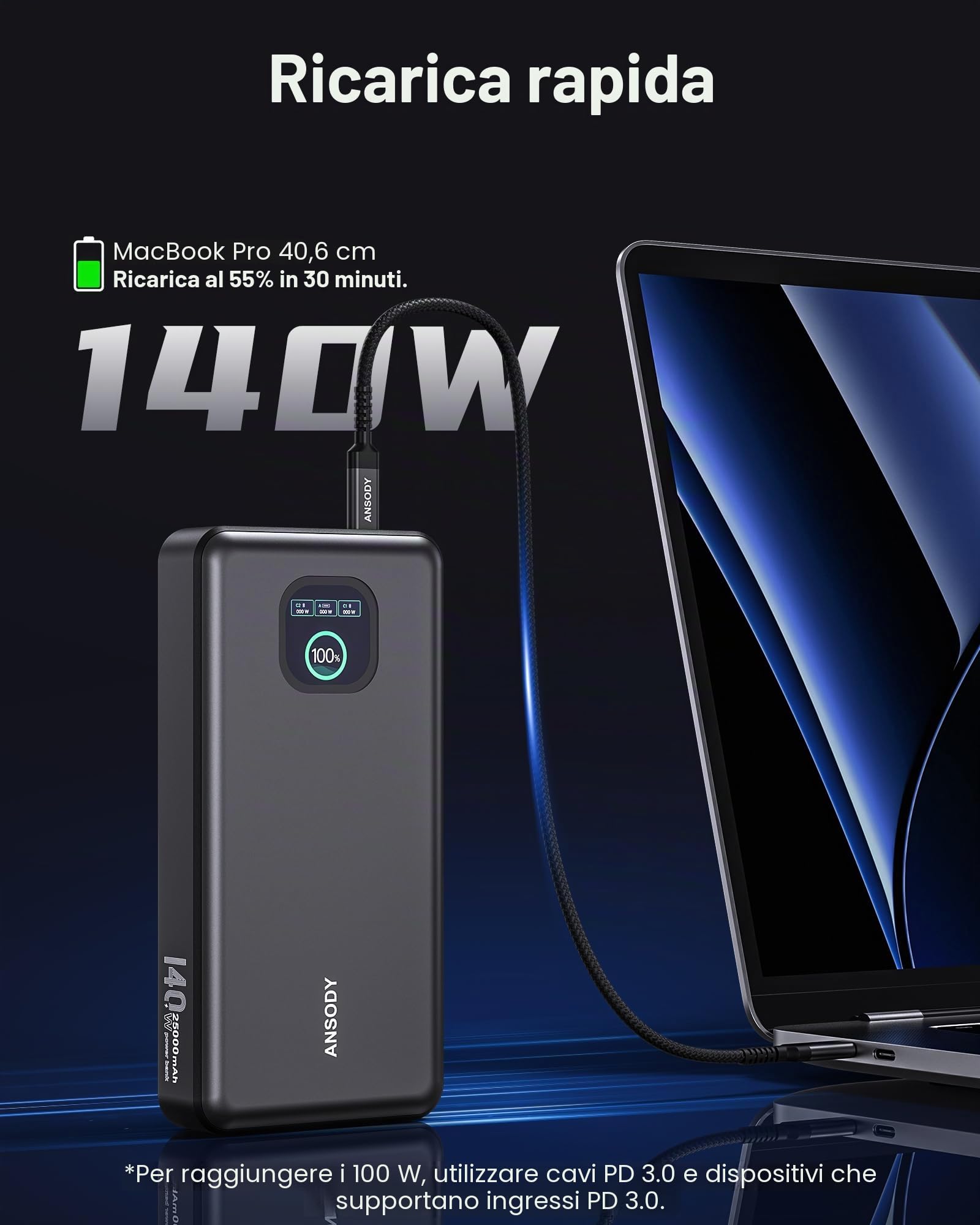 Powerbank da 140 W, 25.000 mAh, per laptop, con display digitale intelligente, batteria di ricarica rapida PD3.1, per MacBook, Dell, XPS, iPad, tablet, Steam Deck, iPhone serie 17-12, switch