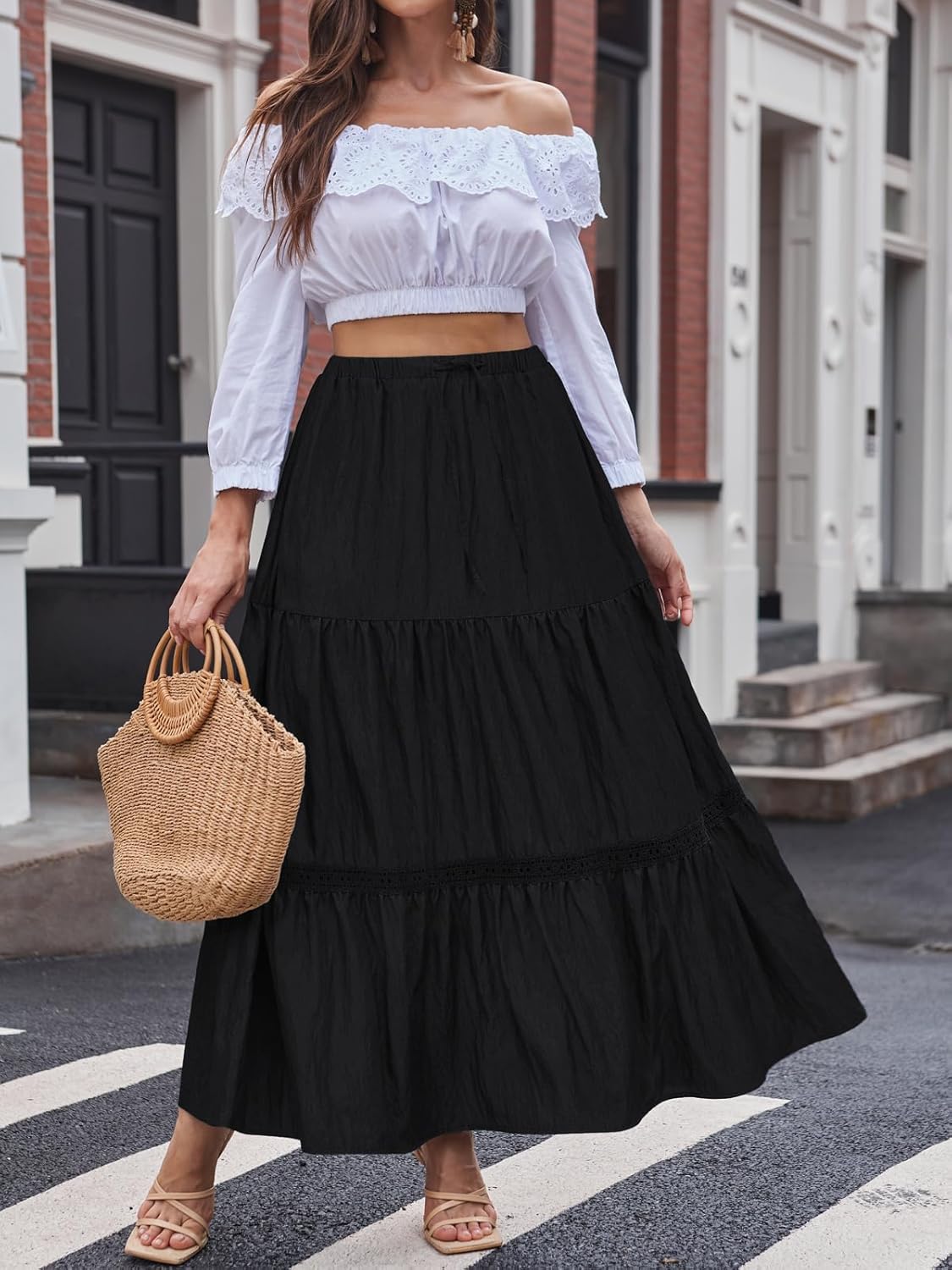 DJT Women's Boho Elegant Lace Trim Swing Tiered Maxi Skirt High Waisted Tie A Line Flowy Long Skirts with Pockets - Image 2