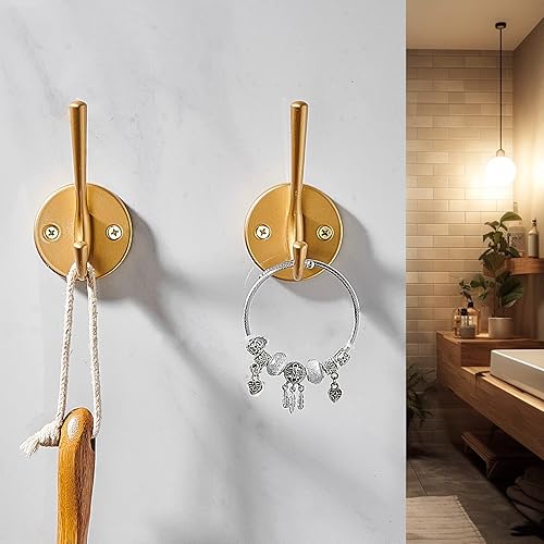 Miniatura 4 de TECI Gancho para abrigos, totalmente metálico con acabado de cepillo dorado, ideal para colgar batas, toallas, bolsas, mochilas y sombreros, montaje