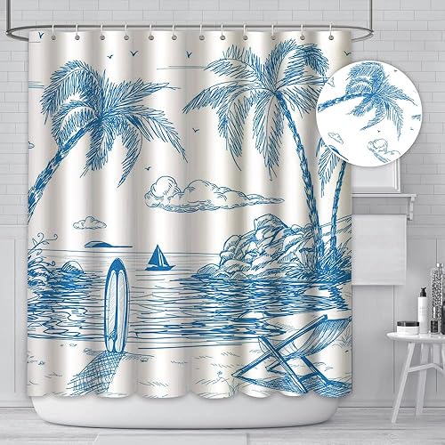 Miniatura 2 de MEHOFOND Cortina de ducha de surf, tabla de surf retro, diseño de palmeras tropicales, sala de estar, silla de verano para playa, tela de poliéster,
