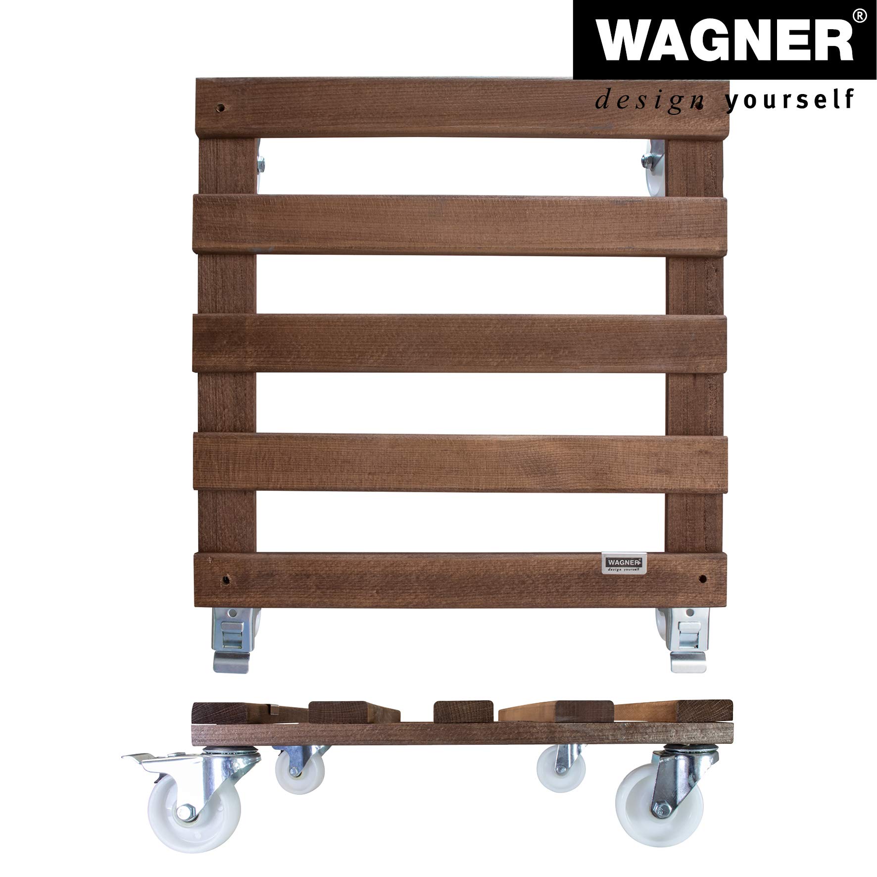 WAGNER Support à roulettes pour Pot de Fleur PALETTI BIG 45 x 45 x 13 cm I intérieur + extérieur I Bois Massif certifié FSC®, Marron I 2 Freins I Capacité de Charge 250 kg I Made in EU - 20087001