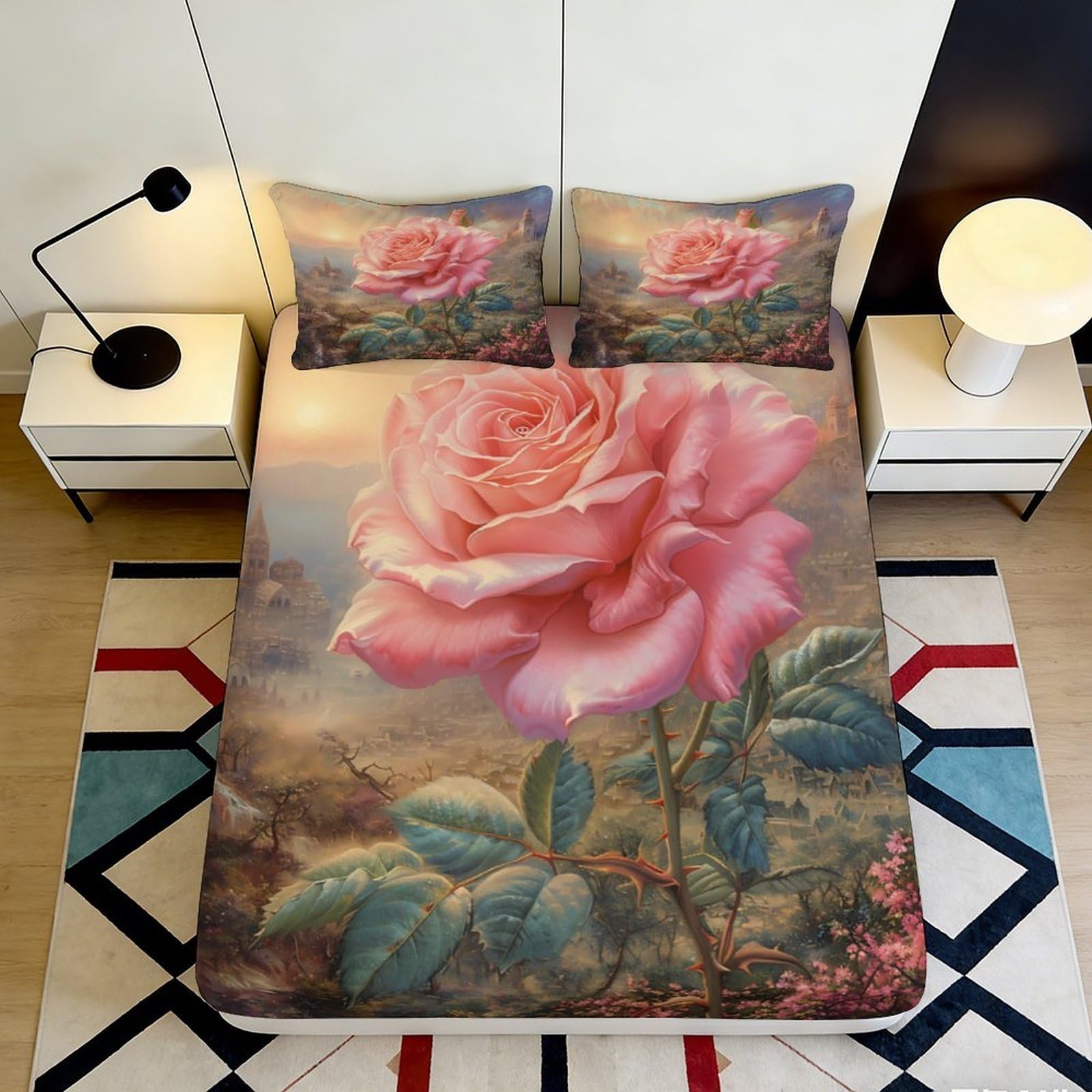 3D Printed Rose Fitted Sheet Microfiber Bedroom Deep Pocket Non-Slip Mattress Fitted Cover Full Wrap for Adults Teenagers 90x200x25cm