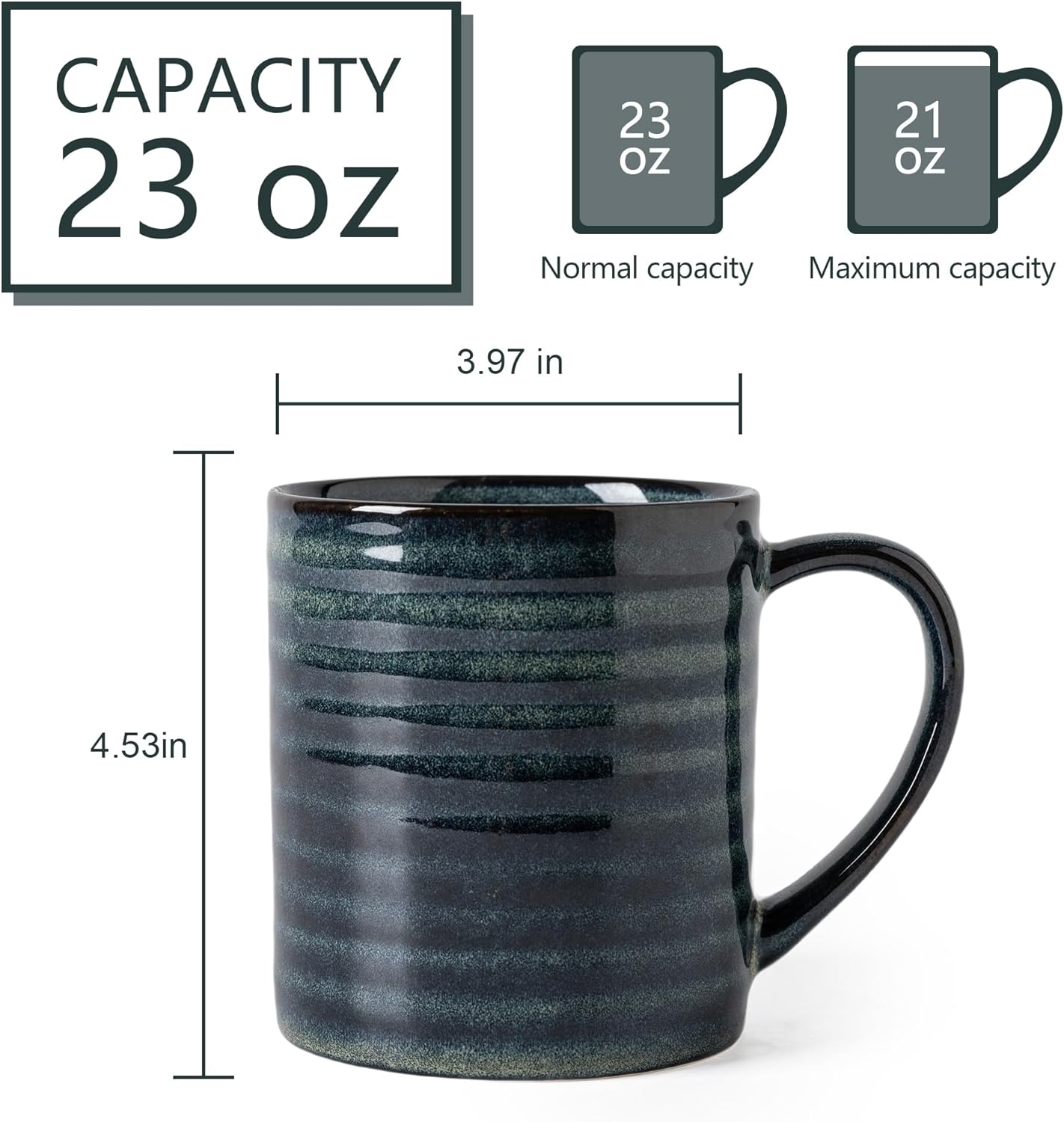 Ceramic Coffee mugs, 23 oz, Extra Large Mugs, Big Tea Cup, Large Handle, Pottery Mug, Big Belly, Transmutation Glaze,Wide Bottom, stripe pattern, Microwave & Dishwasher Safe. (Dark Green) - Image 2