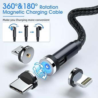Magnetic Charging Cable, 540 Rotating Magnetic Phone Charger [6-Pack, 3ft/3ft/3ft/6ft/6ft/10ft] 3 in 1 Magnetic Charger Cable Nylon Braided Magnetic USB Cable for iProduct/Micro USB/Type C Device