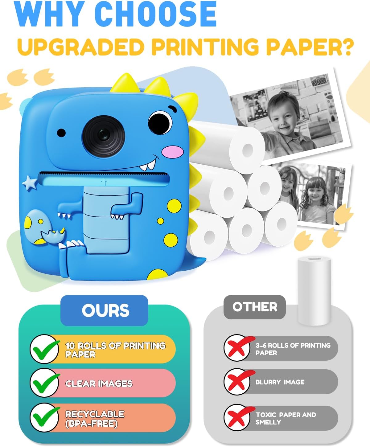 Kids Camera Instant Print Blue with 10 Rolls Refills for Boys