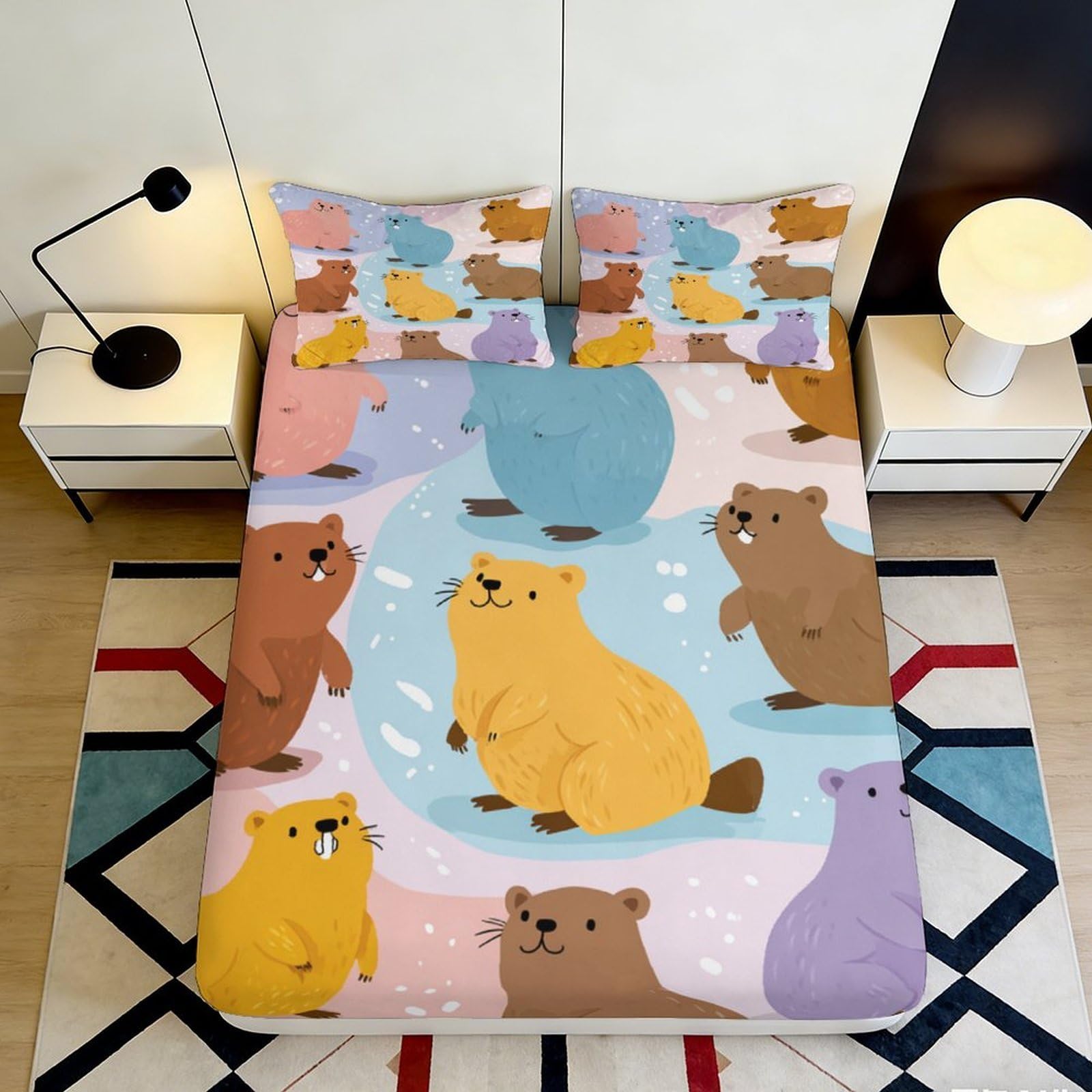 3D Printed Cute Cartoon Beavers Fitted Sheet Microfiber Durable Soft 3D Printed Colorful Beavers Mattress Cover for Bedroom Dormitory Guest Room 90x200x25cm