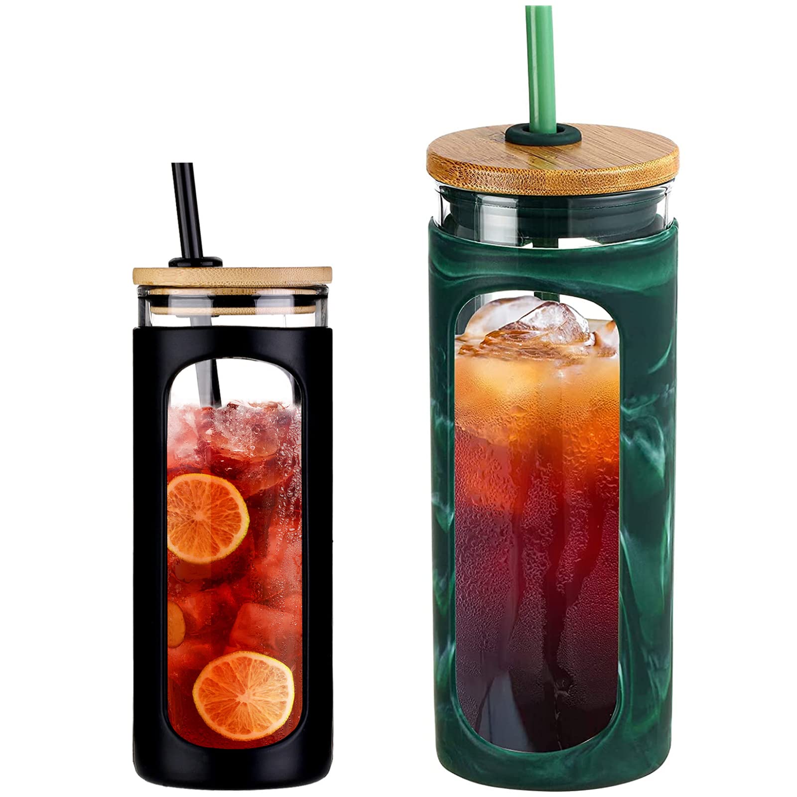 KodrineGlass Tumbler with Straw and Lid, 20oz Glass Coffee Tumbler with Bamboo Lid, Iced Coffee Cup Silicone Protective Sleeve BPA Free- Black & Green