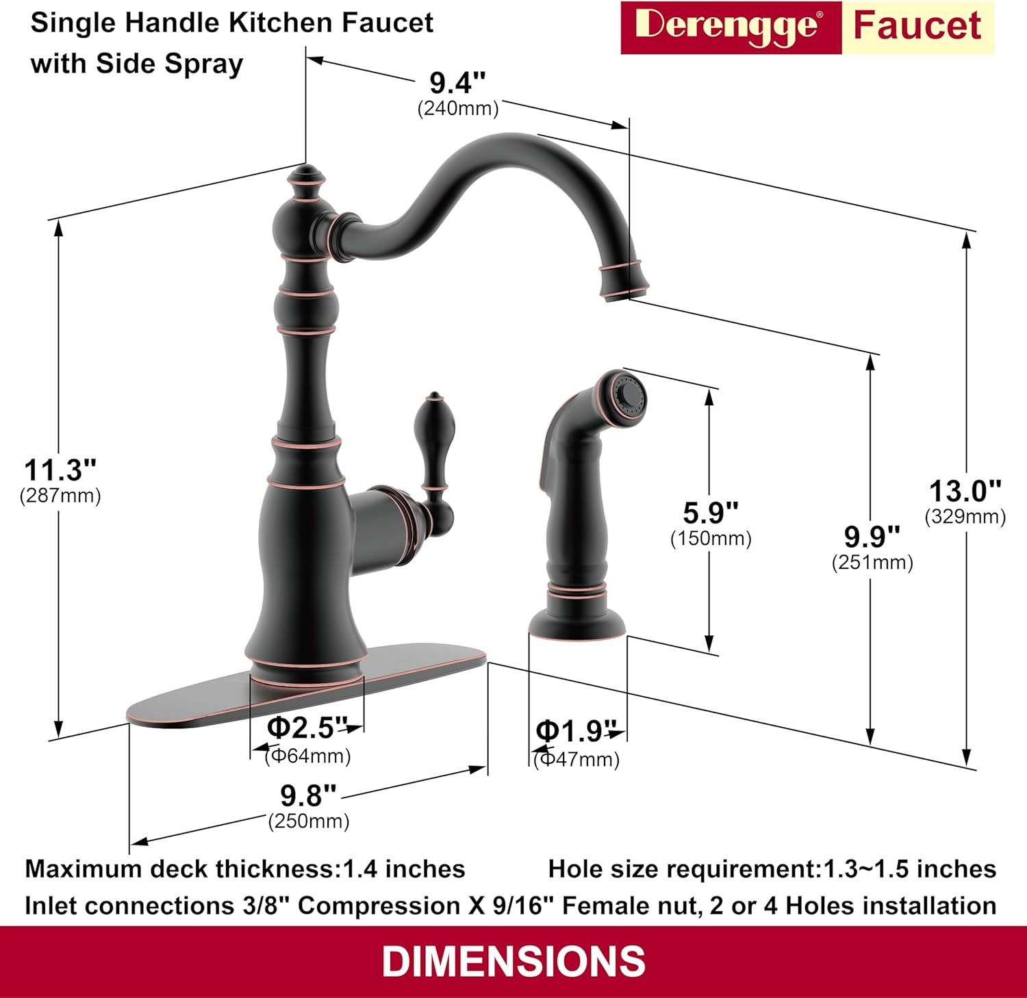 Oil Rubbed Bronze Kitchen Faucet with Side Spray, 8 Inch Single Handle Kitchen Sink Faucet with Deck Plate,2 Hole or 4 Hole Installation,Classic Style,KF-6832TB-ORB