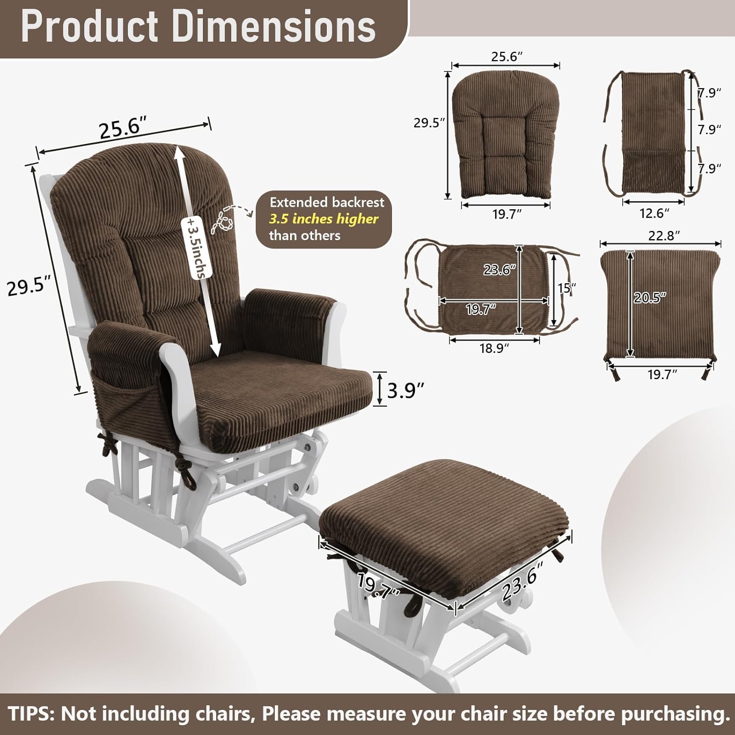 5PCS Glider Rocker Replacement Cushions with Storage Side Pockets, Thickened 3.5IN Seat & Supportive Striped Plush Rocking Chair Cushion Set with Ottoman Cover for Indoor Nursery, Brown