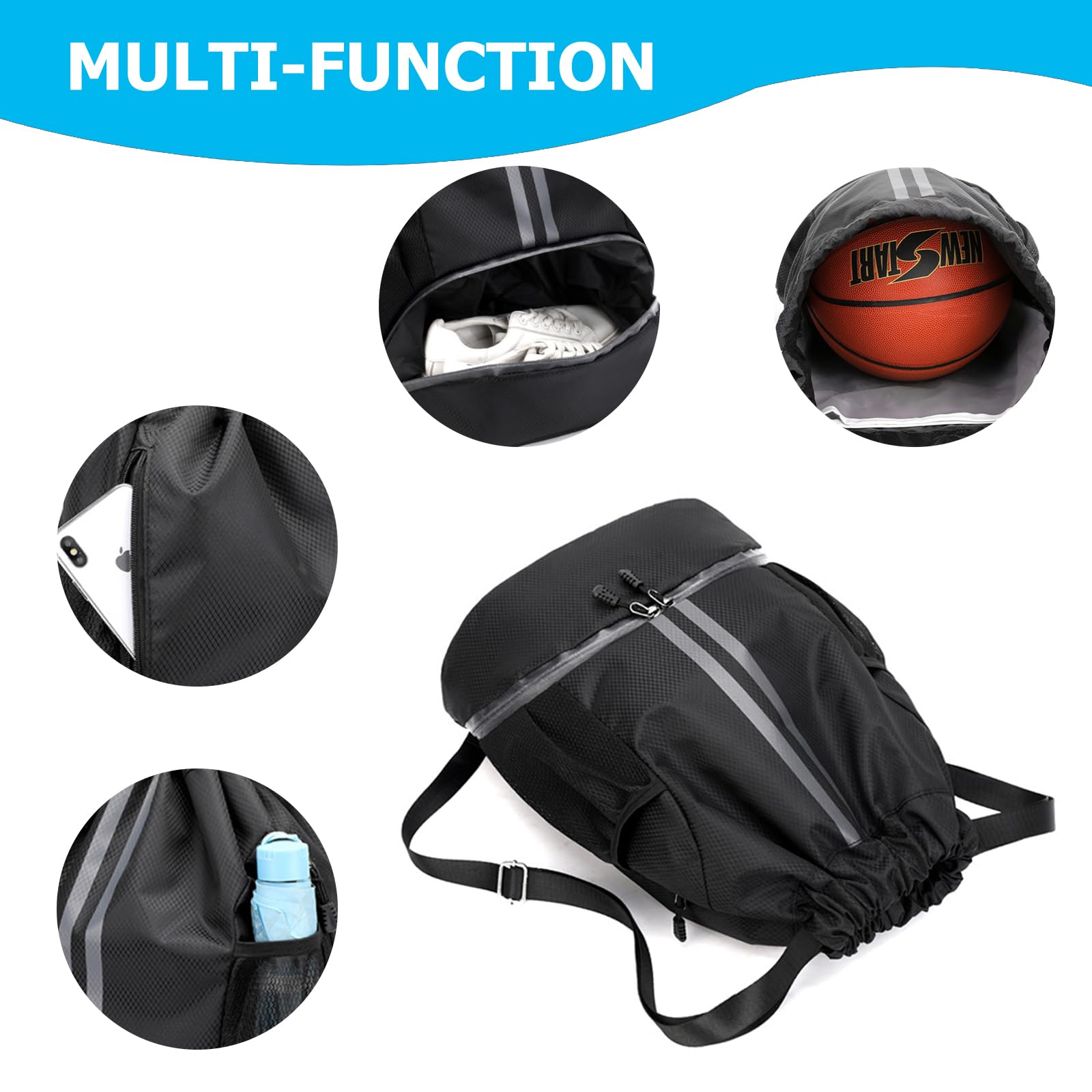 JAWAI Mochila Impermeable con Cordón, Ajustable Casual Saco Gimnasia, Impermeable Saco de Gimnasia con Bolsa Seca Húmeda Separada, para Acampar, Yoga, Fitness, Viajes, Montañismo (Negro)